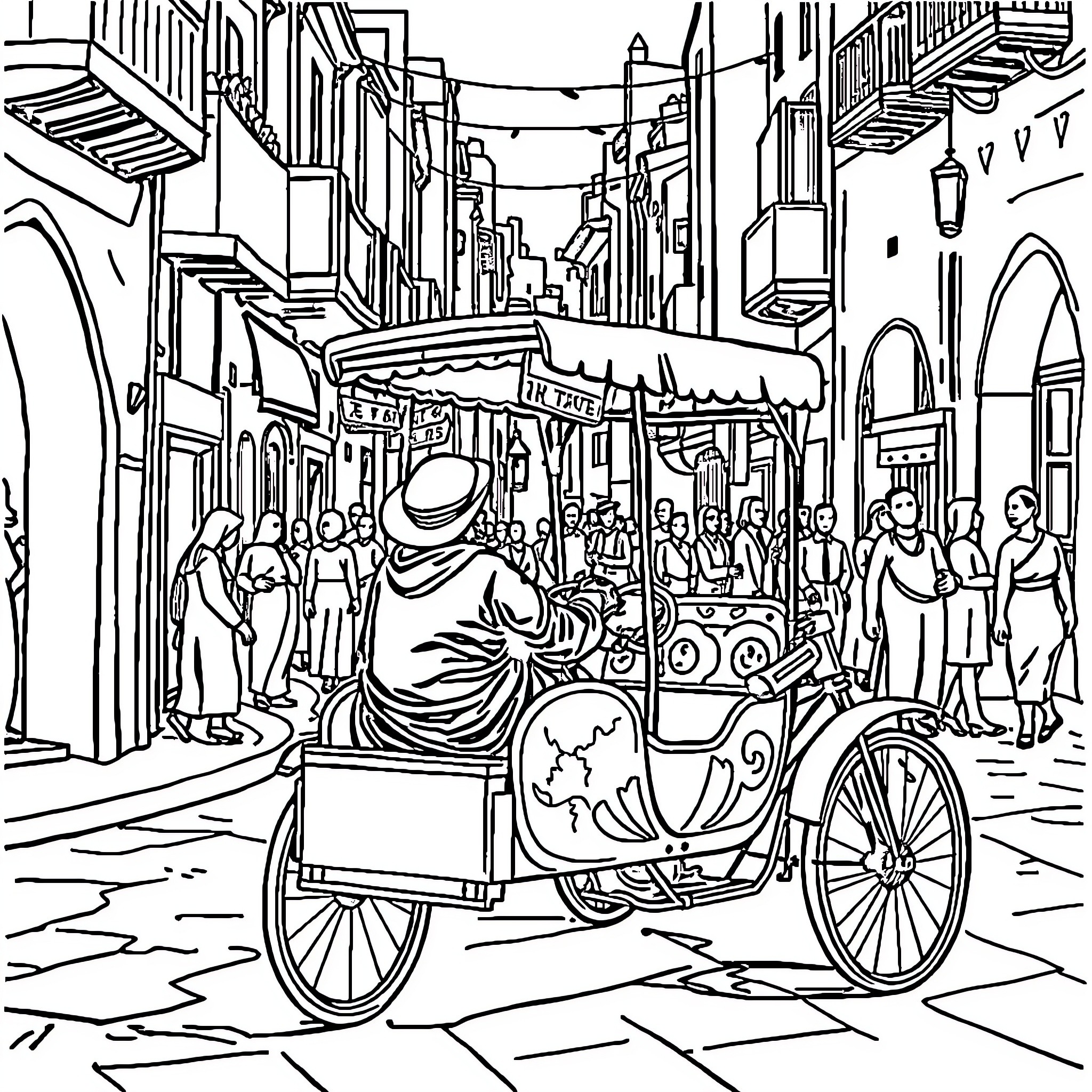 Marocain Marketplace - A Bustling Street Scene Coloring Page (free black-and-white line drawing printable PDF for all, from beginners to advanced learners, including children, teens, adults, and seniors)