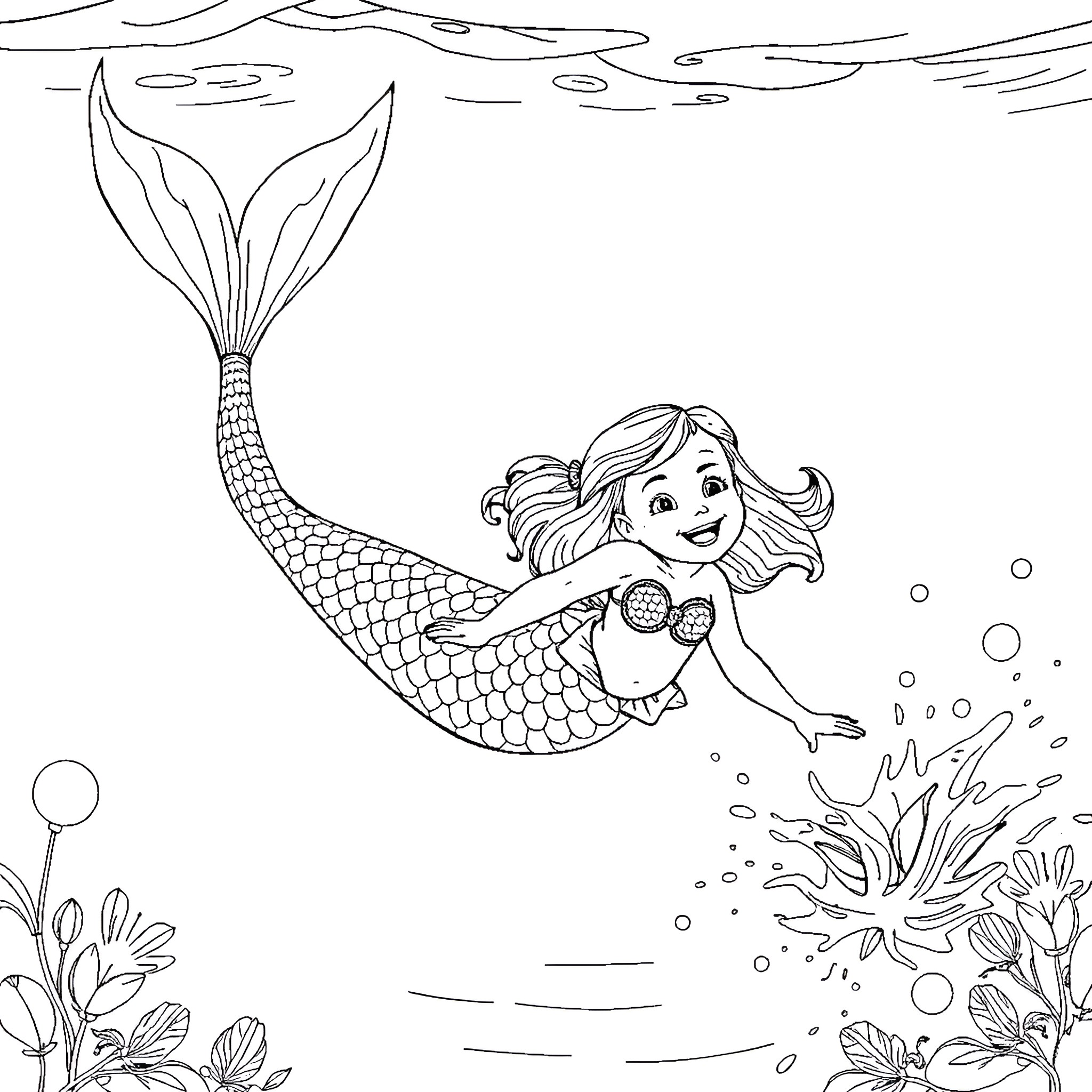 Mermaid exploring the underwater world Coloring Page (free black-and-white line drawing printable PDF for all, from beginners to advanced learners, including children, teens, adults, and seniors)