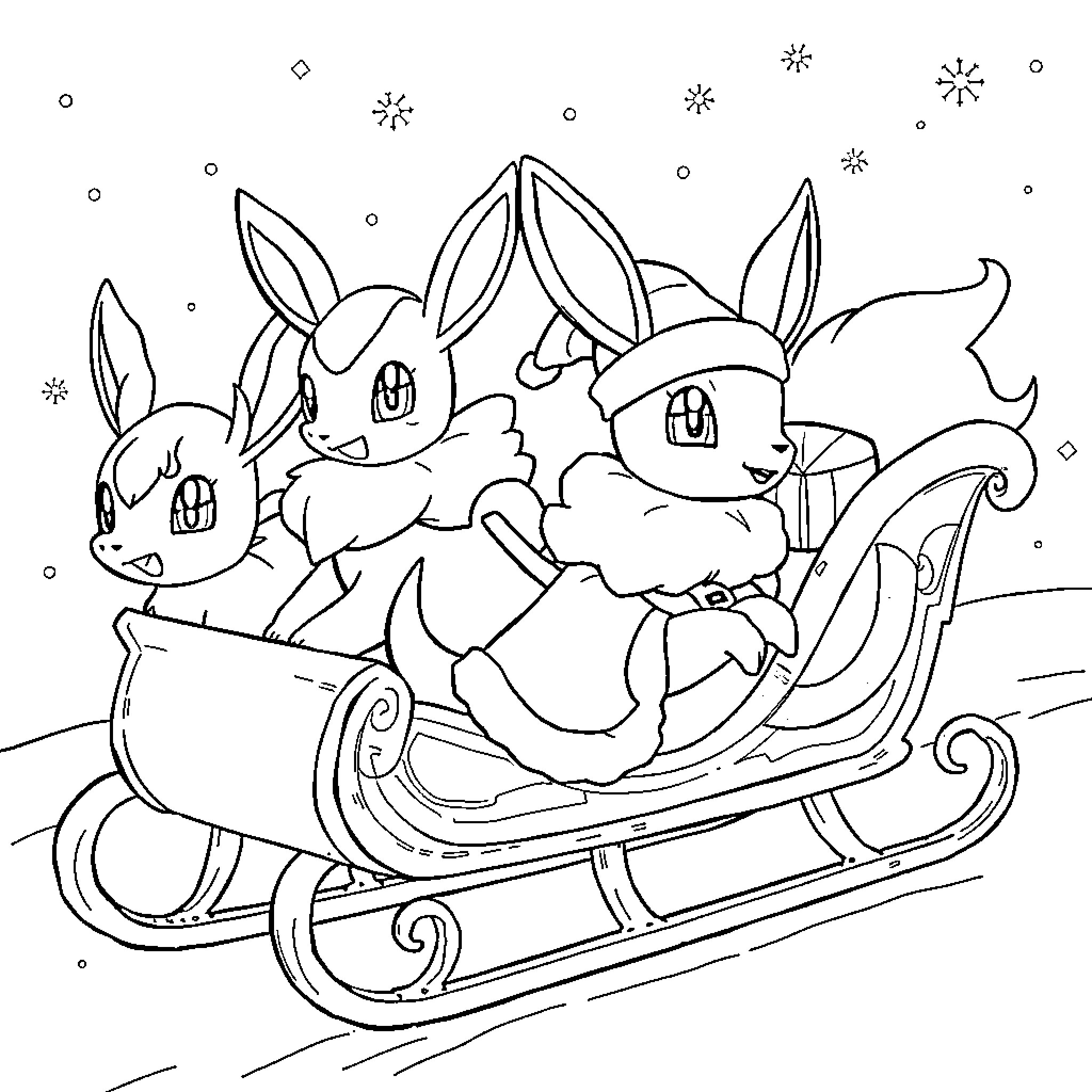 Eevee friends enjoying a winter sleigh ride Coloring Page (free black-and-white line drawing printable PDF for all, from beginners to advanced learners, including children, teens, adults, and seniors)
