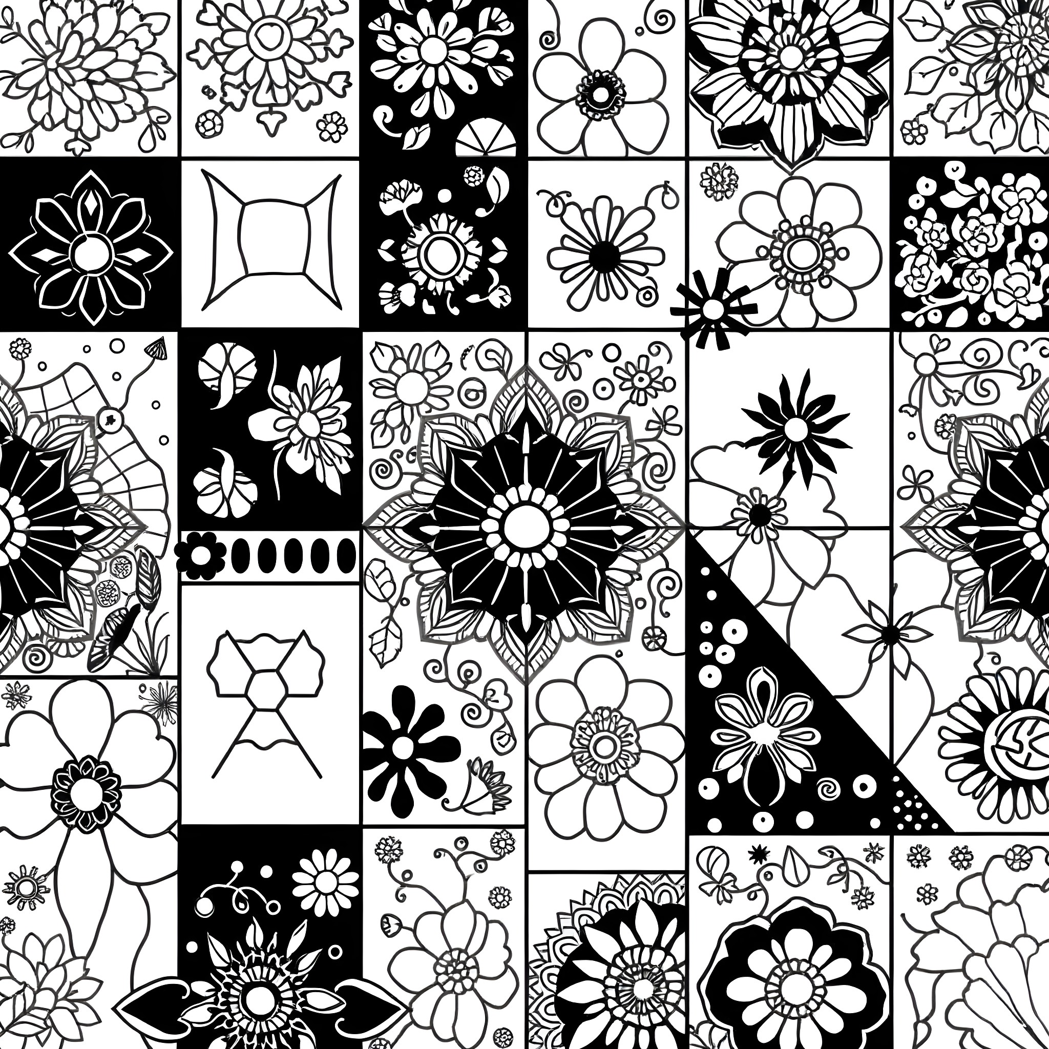 Patchwork of Intricate Floral Designs Coloring Page (free black-and-white line drawing printable PDF for all, from beginners to advanced learners, including children, teens, adults, and seniors)