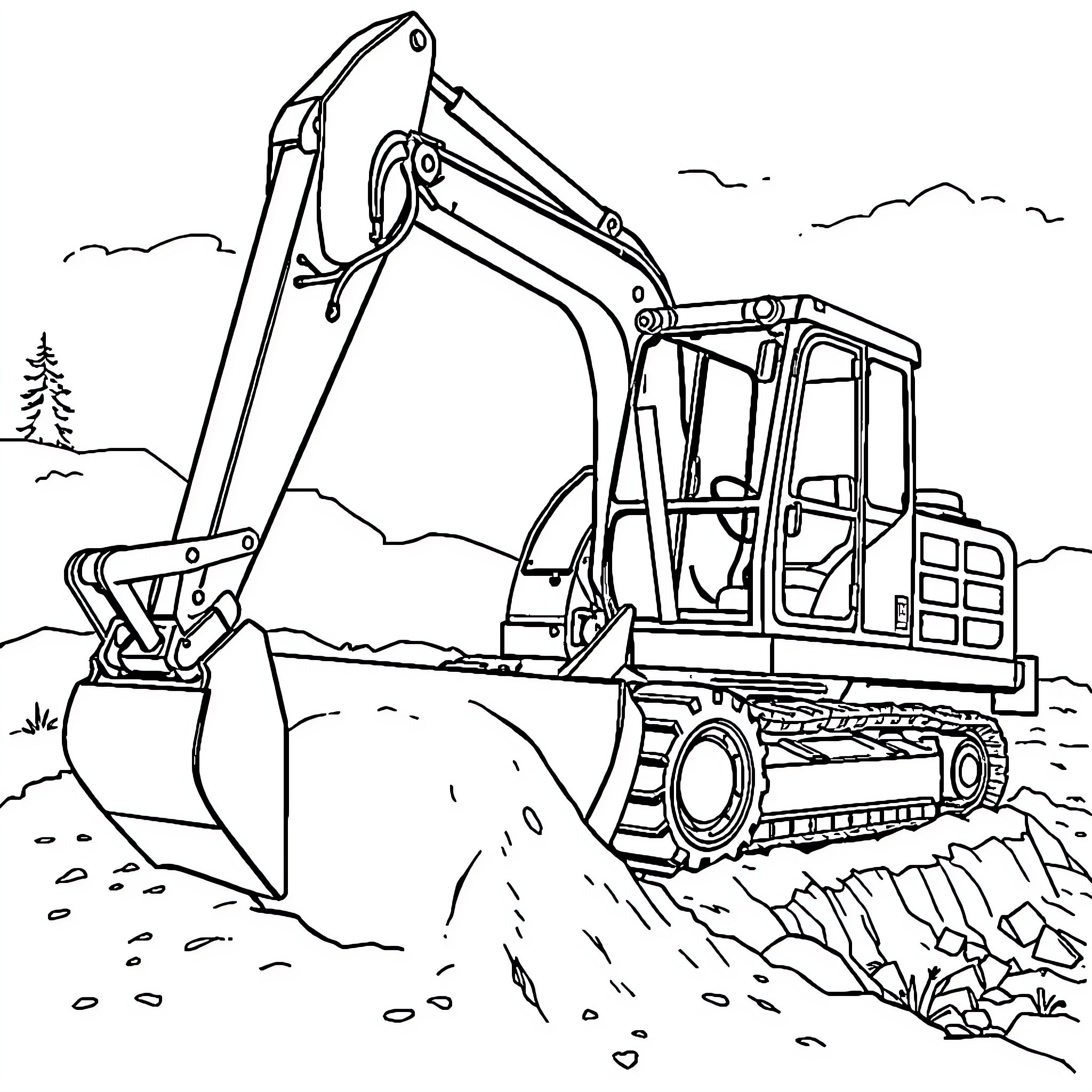 Excavator working on construction site in natural setting Coloring Page (free black-and-white line drawing printable PDF for all, from beginners to advanced learners, including children, teens, adults, and seniors)
