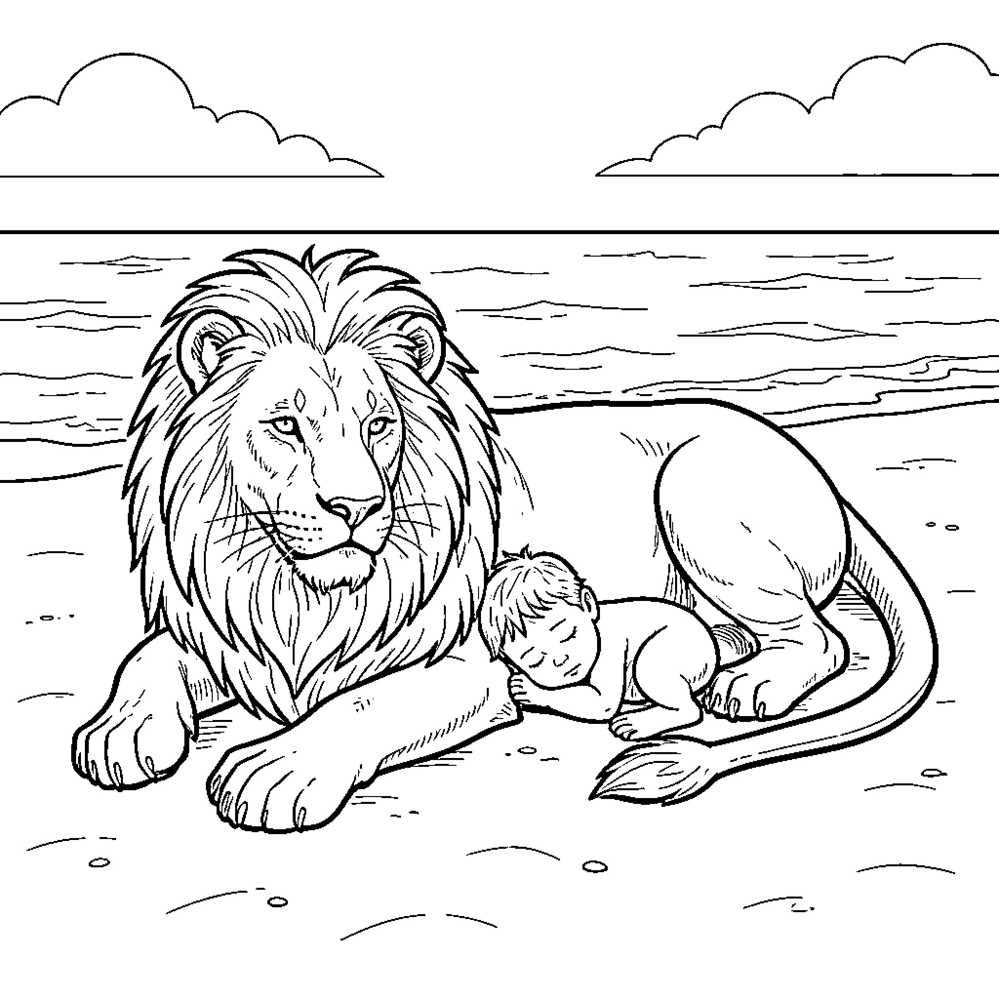 Lion resting peacefully on a beach with a baby Coloring Page (free black-and-white line drawing printable PDF for all, from beginners to advanced learners, including children, teens, adults, and seniors)