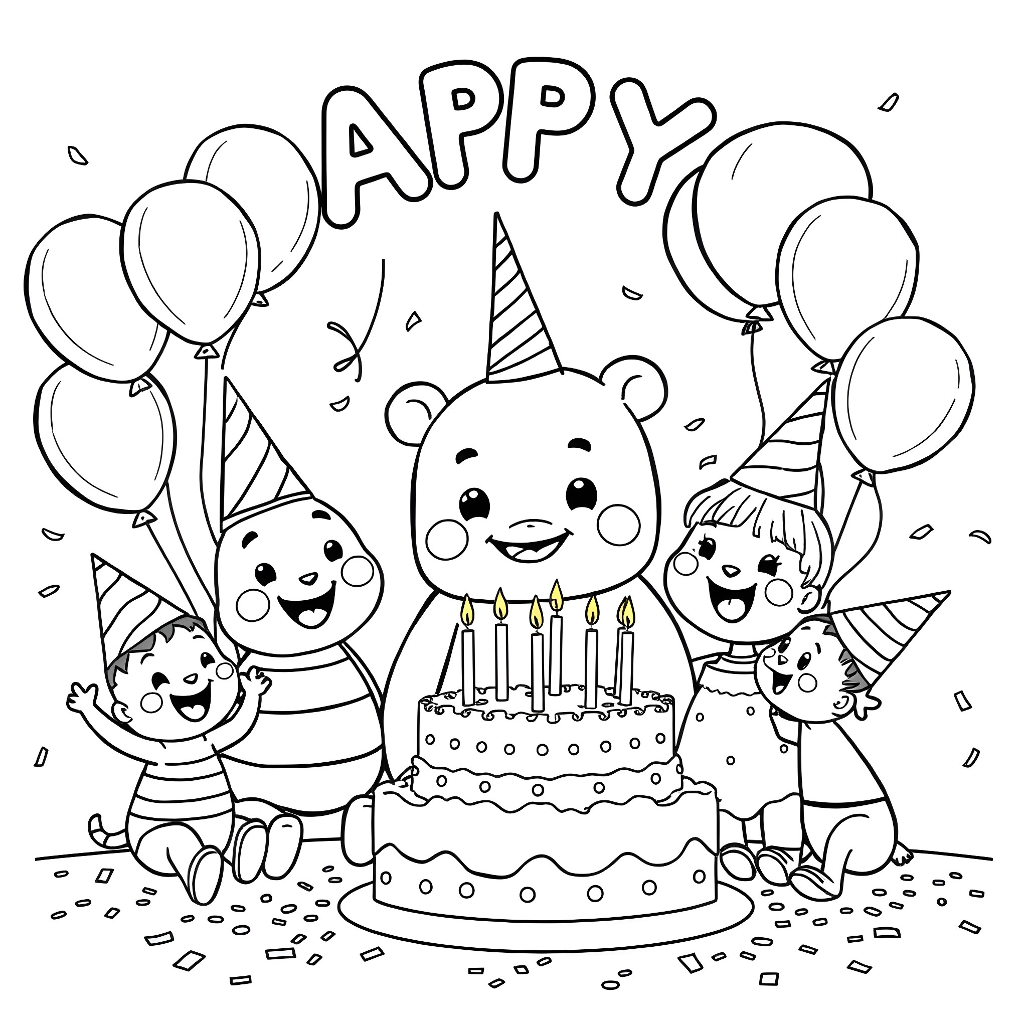 Labubu's Happy Birthday Party Coloring Page (free black-and-white line drawing printable PDF for all, from beginners to advanced learners, including children, teens, adults, and seniors)