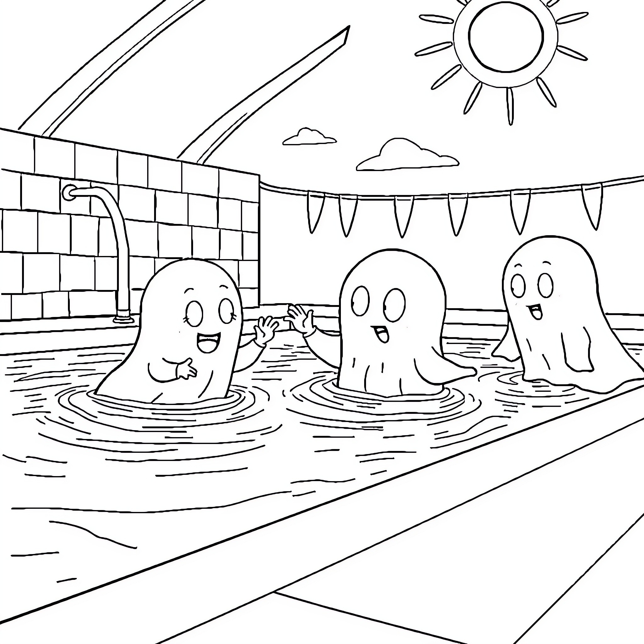 Ghost friends enjoying a sunny day at the pool Coloring Page (free black-and-white line drawing printable PDF for all, from beginners to advanced learners, including children, teens, adults, and seniors)