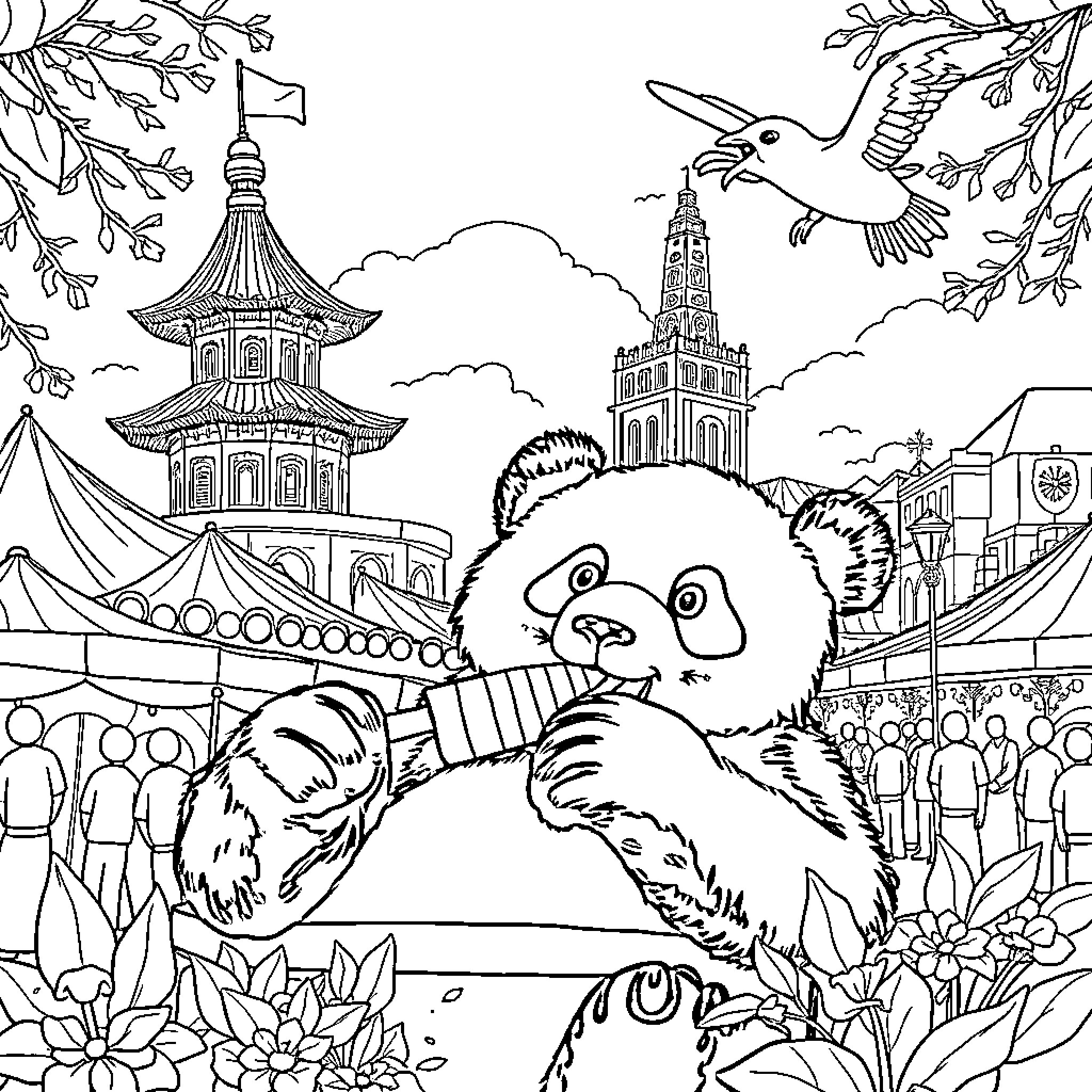 Panda relaxing in a whimsical landscape Coloring Page (free black-and-white line drawing printable PDF for all, from beginners to advanced learners, including children, teens, adults, and seniors)