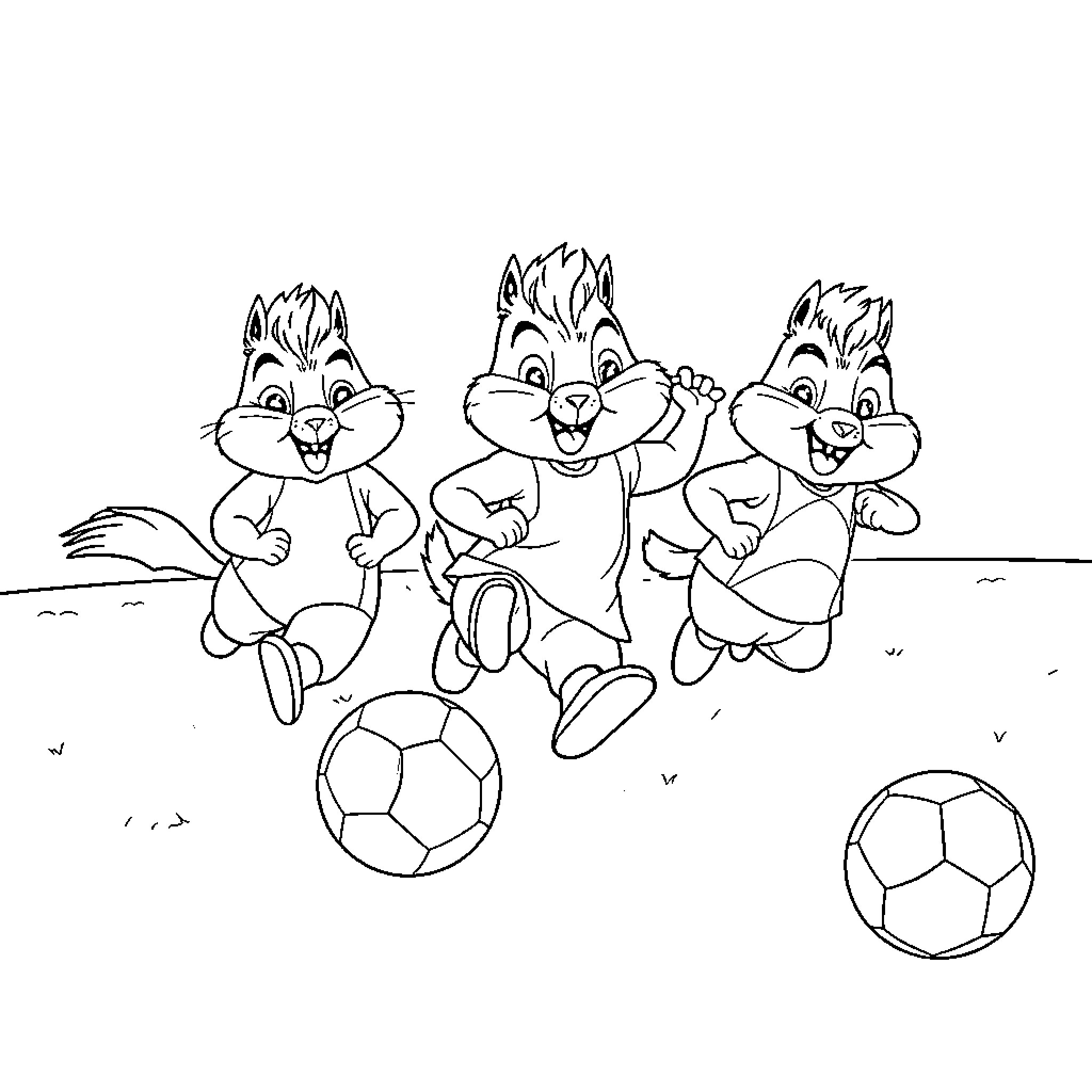 Chipmunk friends playing soccer happily in the park Coloring Page (free black-and-white line drawing printable PDF for all, from beginners to advanced learners, including children, teens, adults, and seniors)