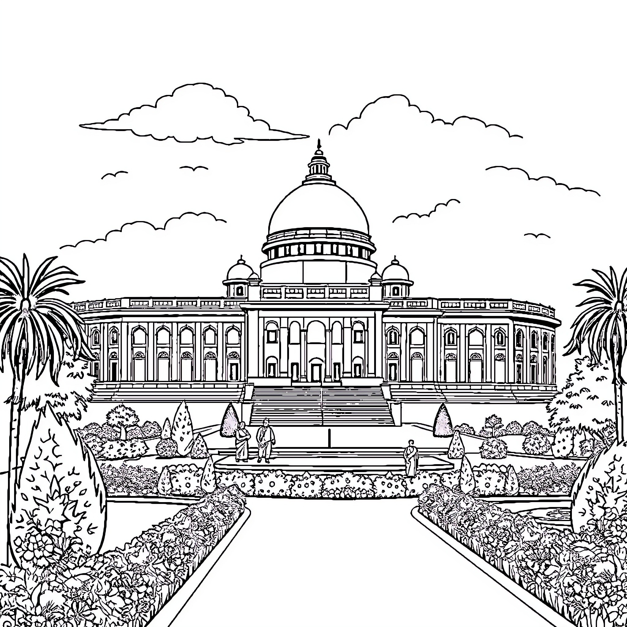 Parliament Building in Scenic Landscape Coloring Page (free black-and-white line drawing printable PDF for all, from beginners to advanced learners, including children, teens, adults, and seniors)