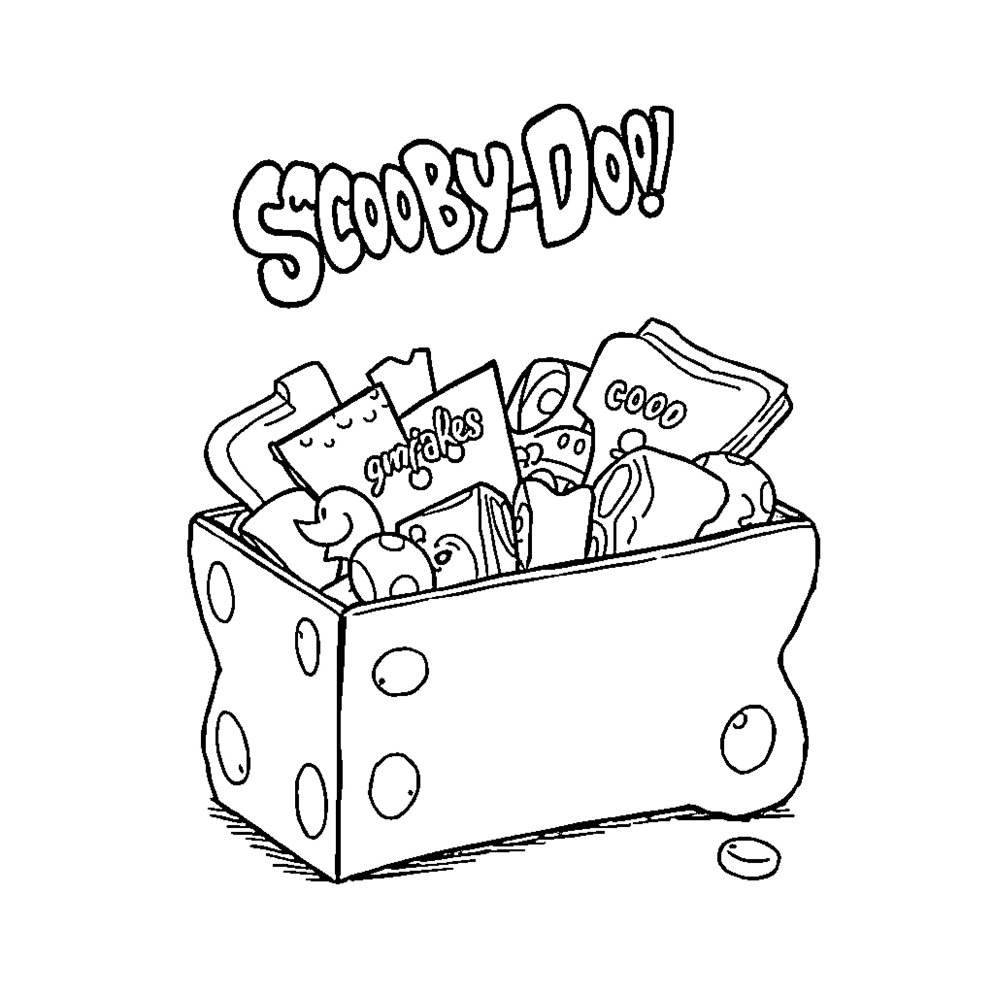 Scooby Doo's mysterious box of treats Coloring Page (free black-and-white line drawing printable PDF for all, from beginners to advanced learners, including children, teens, adults, and seniors)