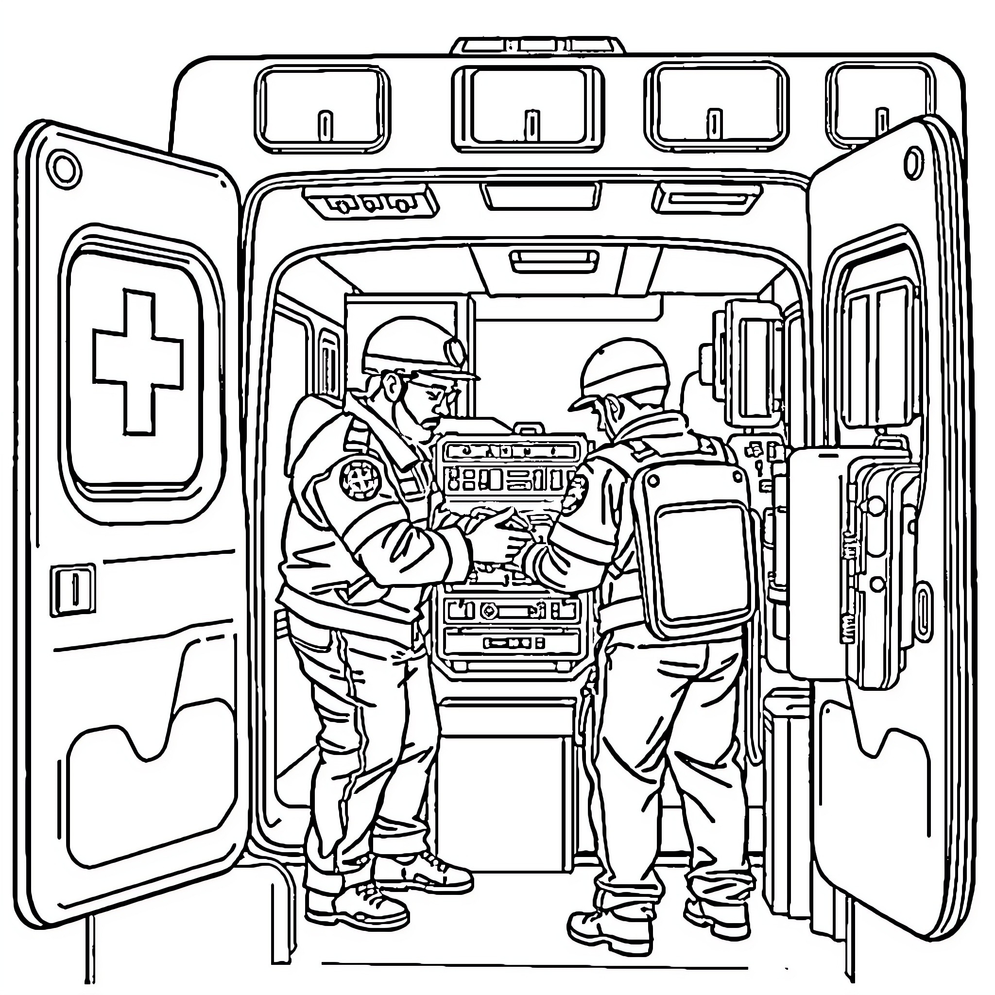 Ambulance crew assisting a patient in the back of the vehicle Coloring Page (free black-and-white line drawing printable PDF for all, from beginners to advanced learners, including children, teens, adults, and seniors)