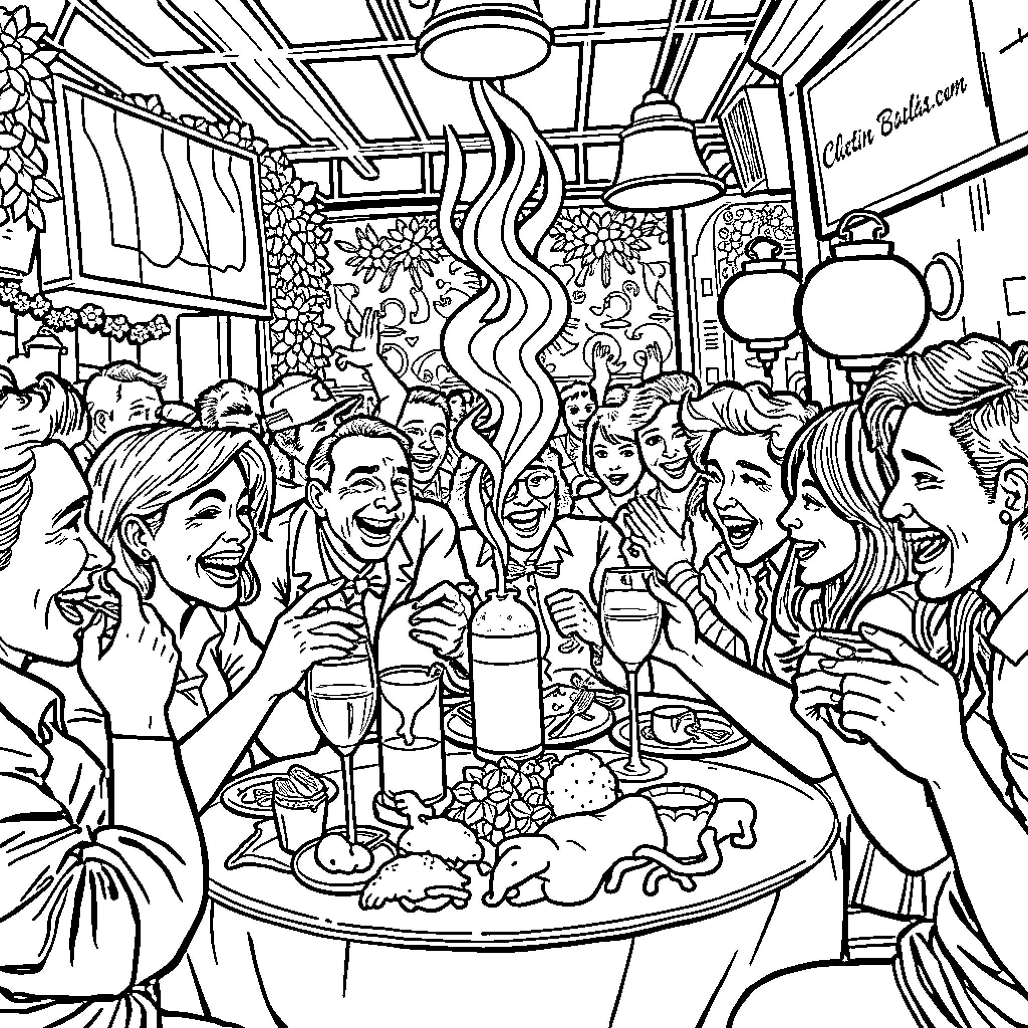 Brainrot: Chaotic Celebration at the Cafe Coloring Page (free black-and-white line drawing printable PDF for all, from beginners to advanced learners, including children, teens, adults, and seniors)