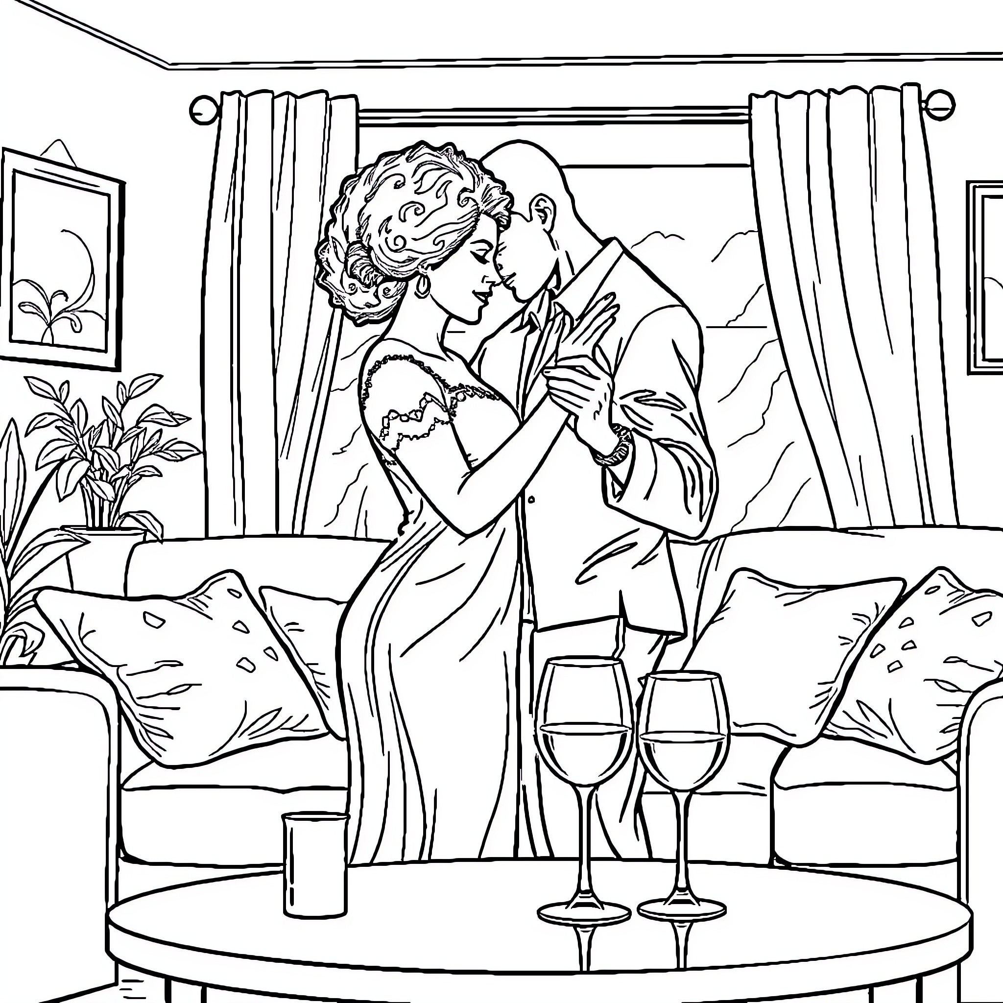 Couple enjoying an intimate moment together Coloring Page (free black-and-white line drawing printable PDF for all, from beginners to advanced learners, including children, teens, adults, and seniors)