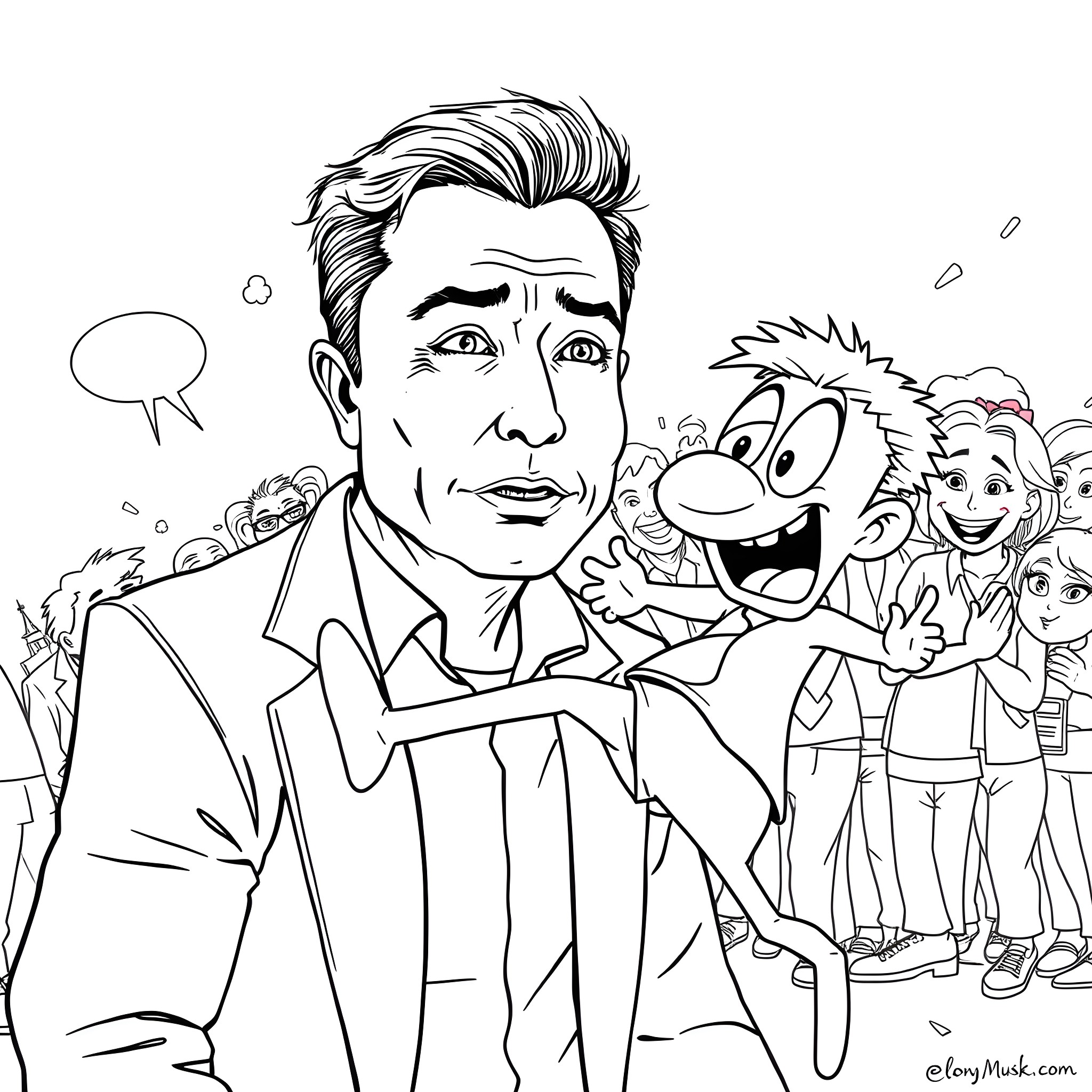 Elon's Amusing Encounter with Quirky Characters Coloring Page (free black-and-white line drawing printable PDF for all, from beginners to advanced learners, including children, teens, adults, and seniors)