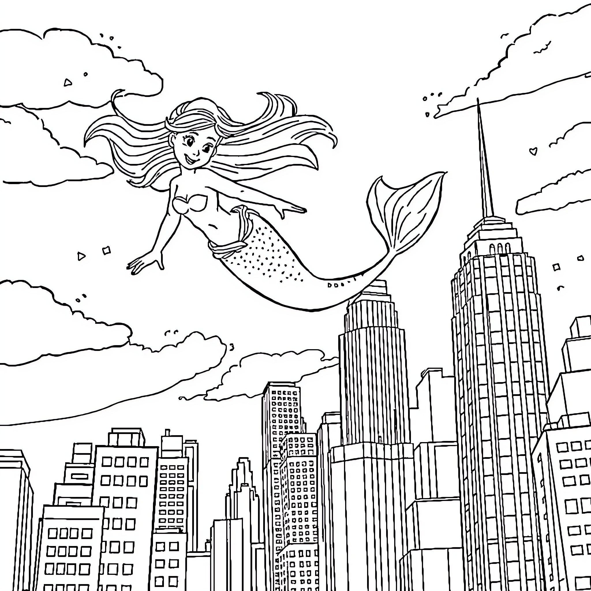 Mermaid swimming joyfully over a city skyline Coloring Page (free black-and-white line drawing printable PDF for all, from beginners to advanced learners, including children, teens, adults, and seniors)