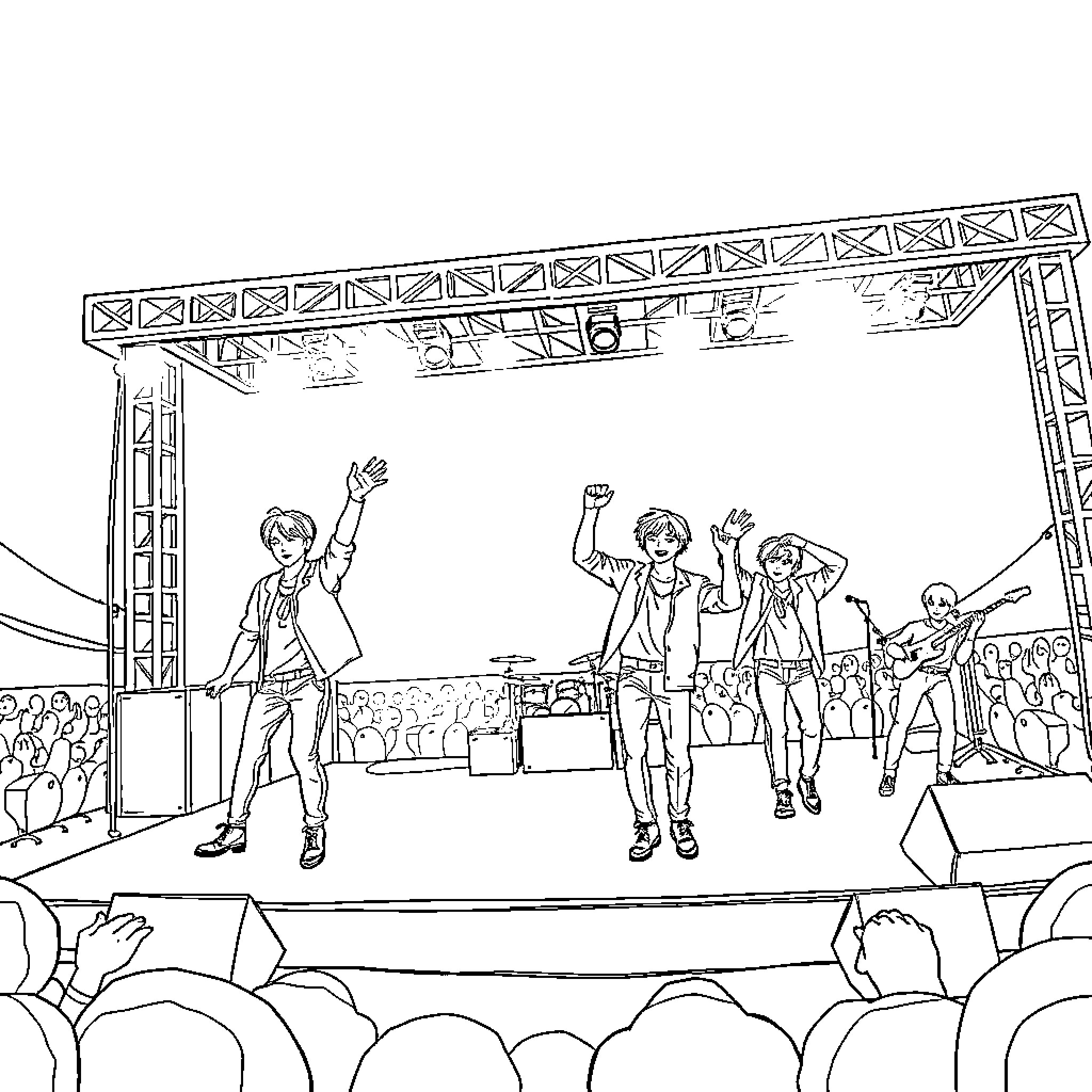 BTS Performing Energetically on Stage Coloring Page (free black-and-white line drawing printable PDF for all, from beginners to advanced learners, including children, teens, adults, and seniors)