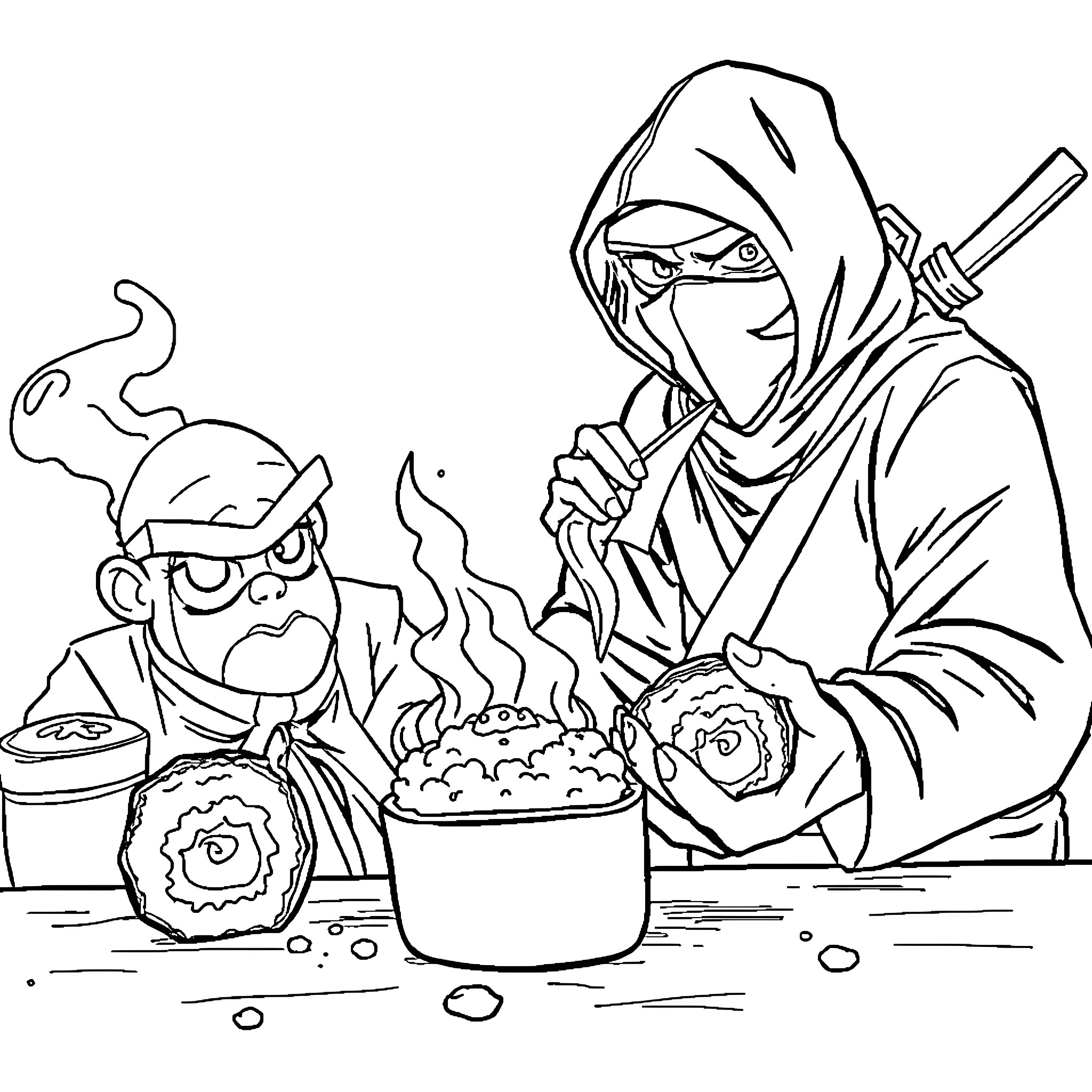 Ninja Chefs Preparing a Savory Meal Coloring Page (free black-and-white line drawing printable PDF for all, from beginners to advanced learners, including children, teens, adults, and seniors)