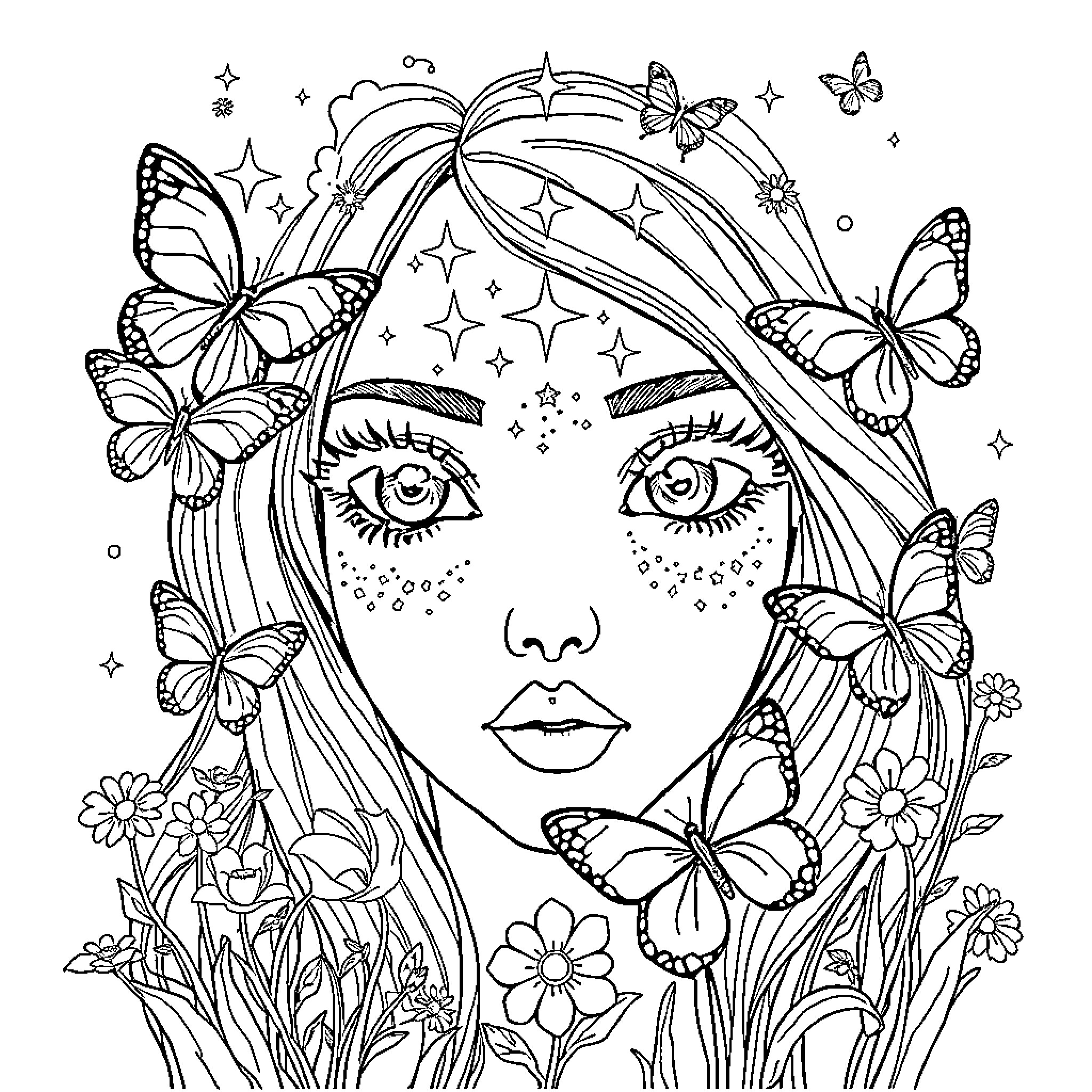 Eye-catching Butterfly Splendor Coloring Page (free black-and-white line drawing printable PDF for all, from beginners to advanced learners, including children, teens, adults, and seniors)
