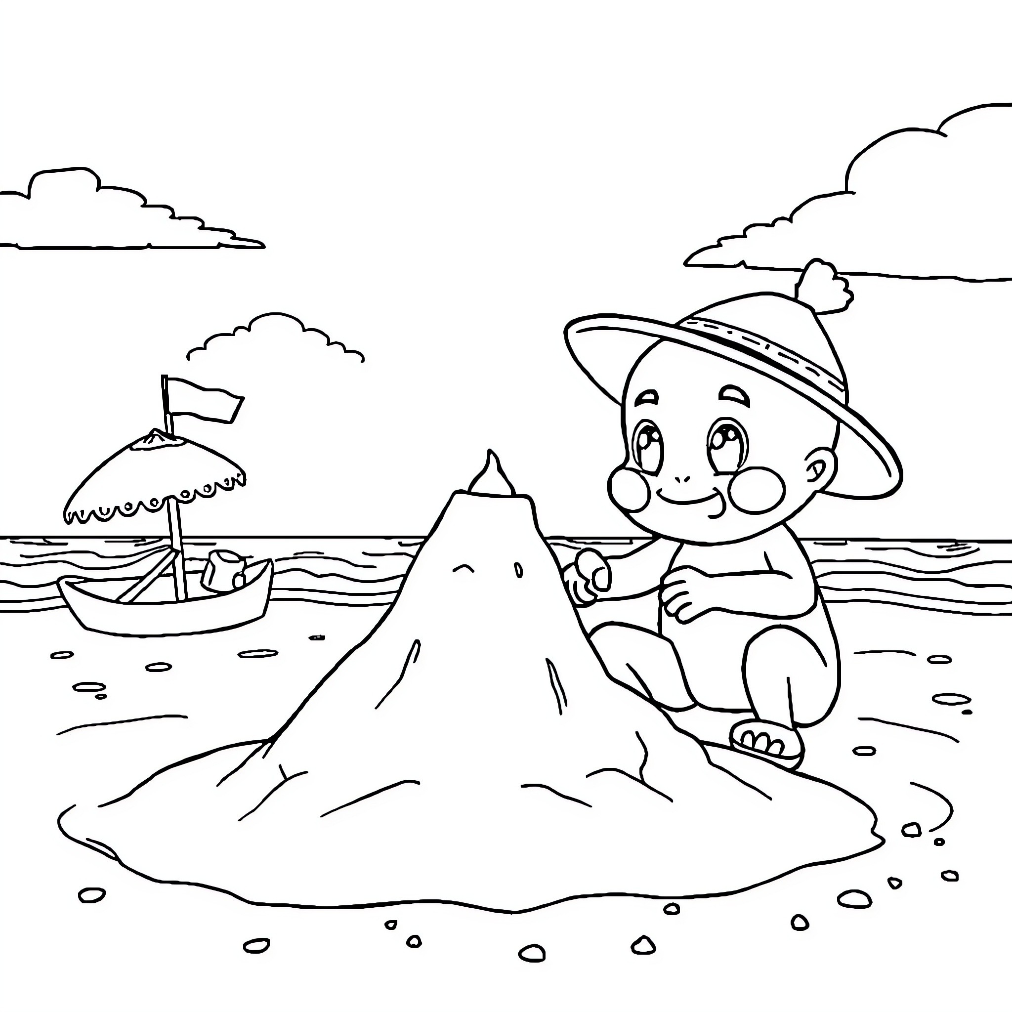 Labubu enjoying a day at the beach Coloring Page (free black-and-white line drawing printable PDF for all, from beginners to advanced learners, including children, teens, adults, and seniors)