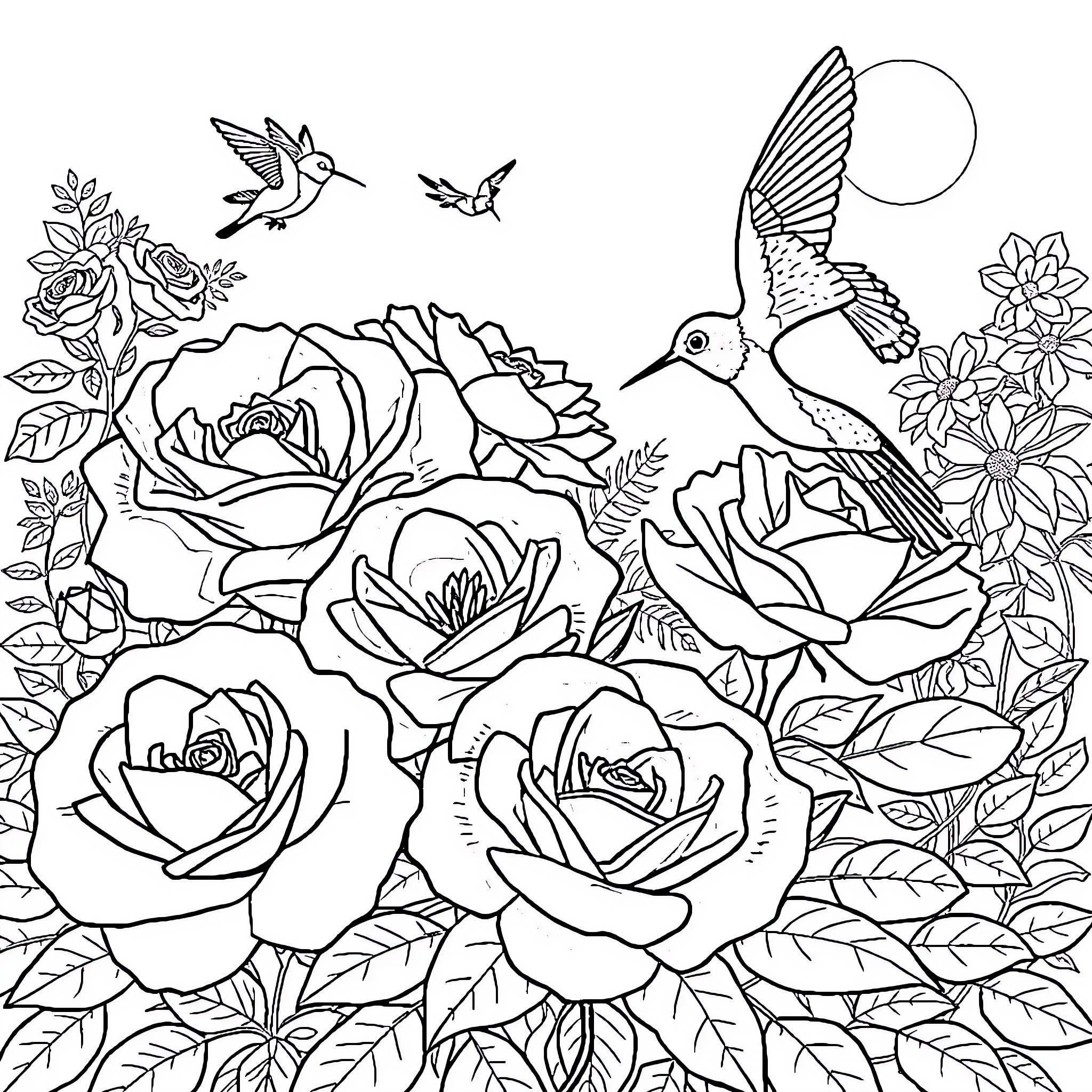 Rose Garden with Hummingbirds and Flowers Coloring Page (free black-and-white line drawing printable PDF for all, from beginners to advanced learners, including children, teens, adults, and seniors)