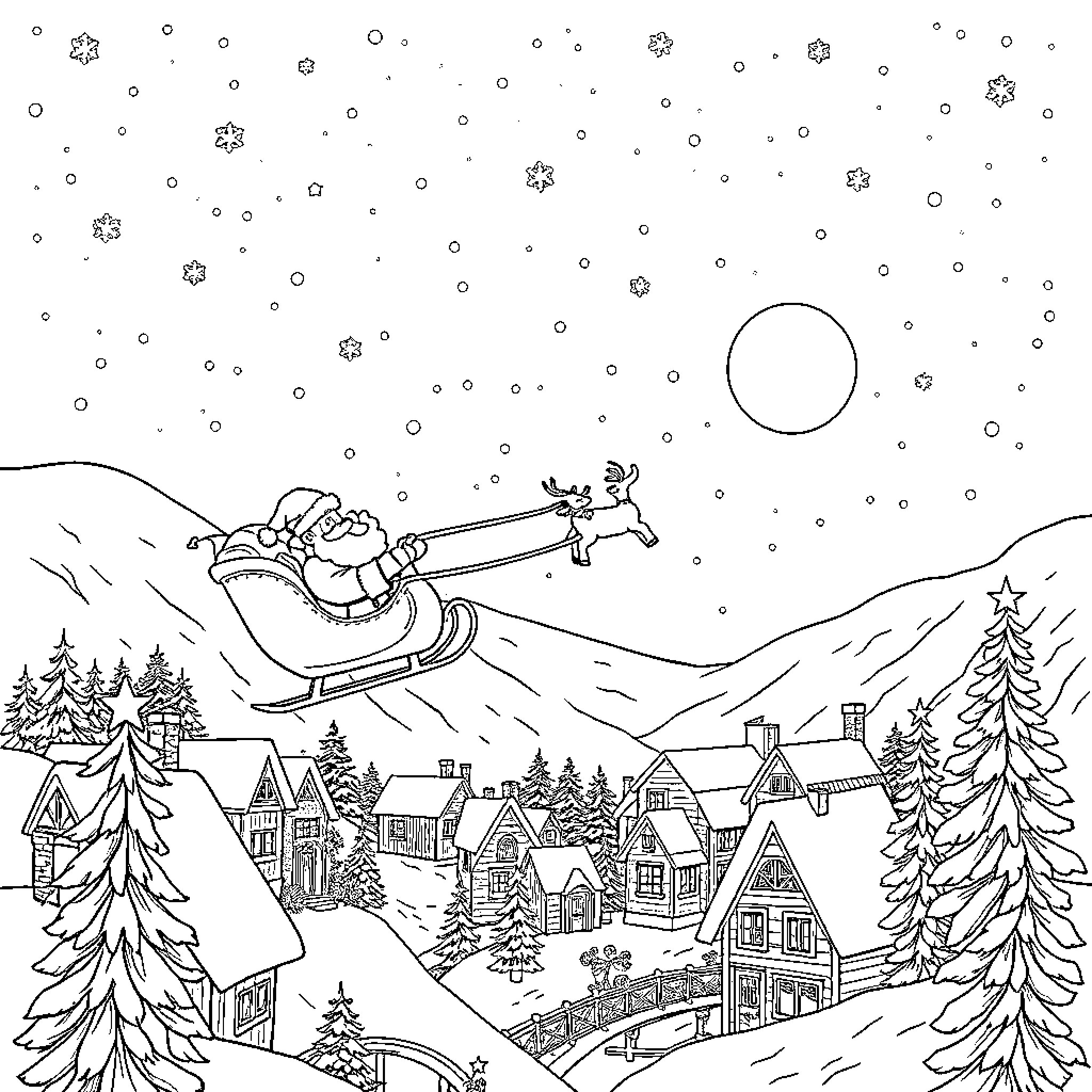 Santa's Magical Sleigh Ride Through a Winter Wonderland Coloring Page (free black-and-white line drawing printable PDF for all, from beginners to advanced learners, including children, teens, adults, and seniors)