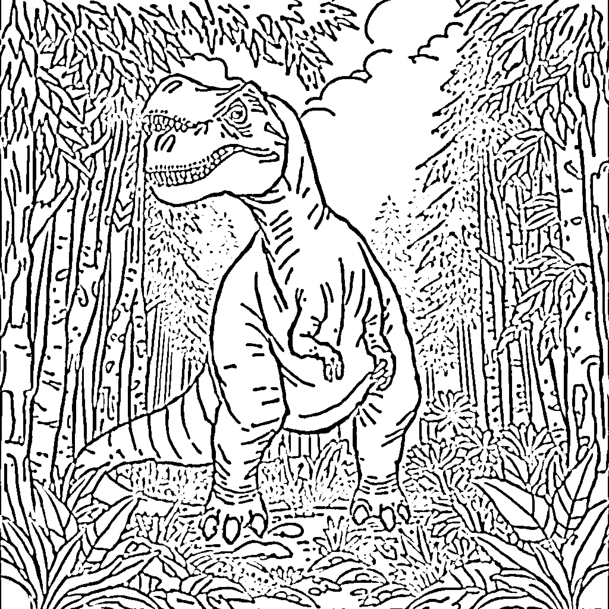 Dinosaur roaming in the lush, prehistoric forest Coloring Page (free black-and-white line drawing printable PDF for all, from beginners to advanced learners, including children, teens, adults, and seniors)
