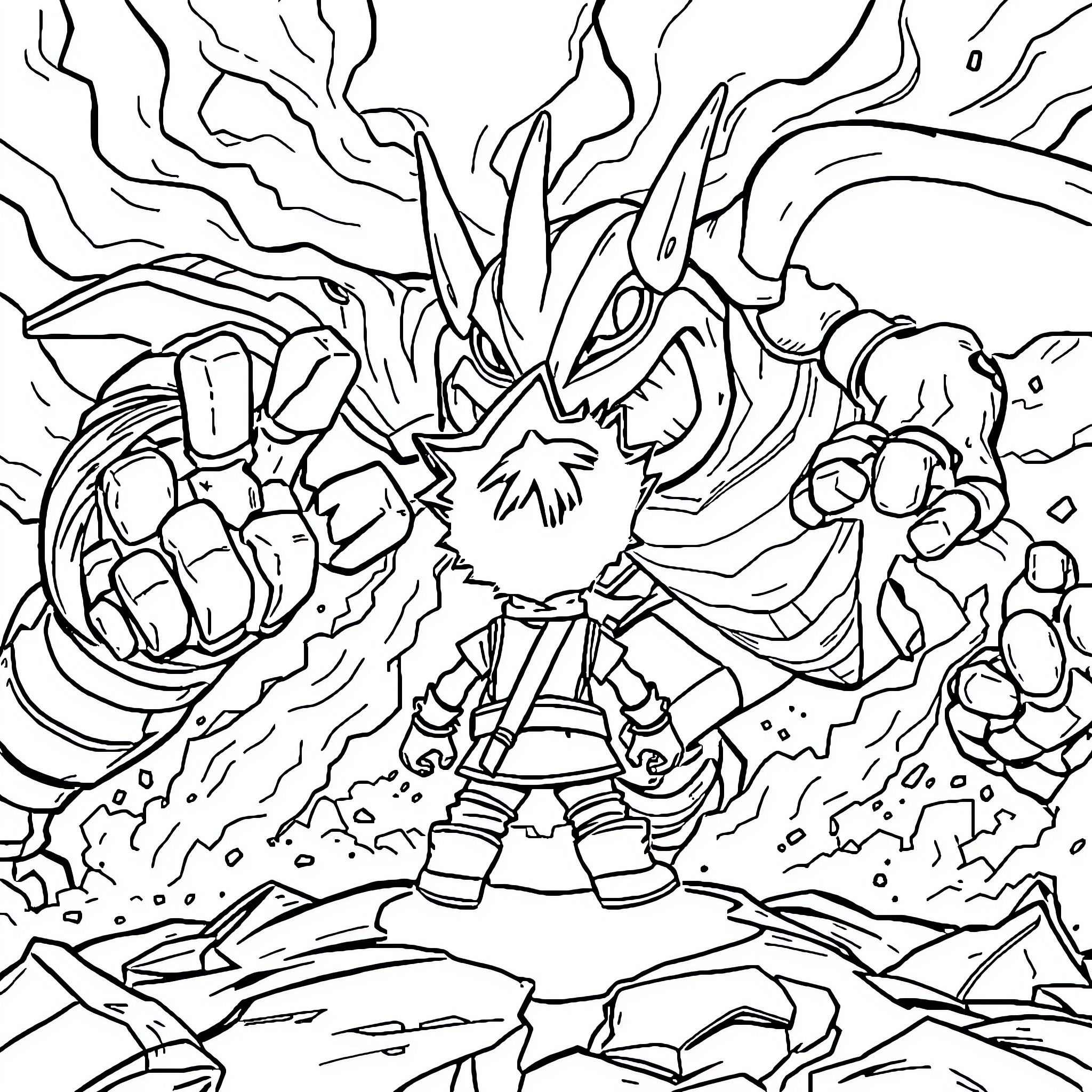 Boboiboy's Fierce Battle with Intense Energy Surge Coloring Page (free black-and-white line drawing printable PDF for all, from beginners to advanced learners, including children, teens, adults, and seniors)