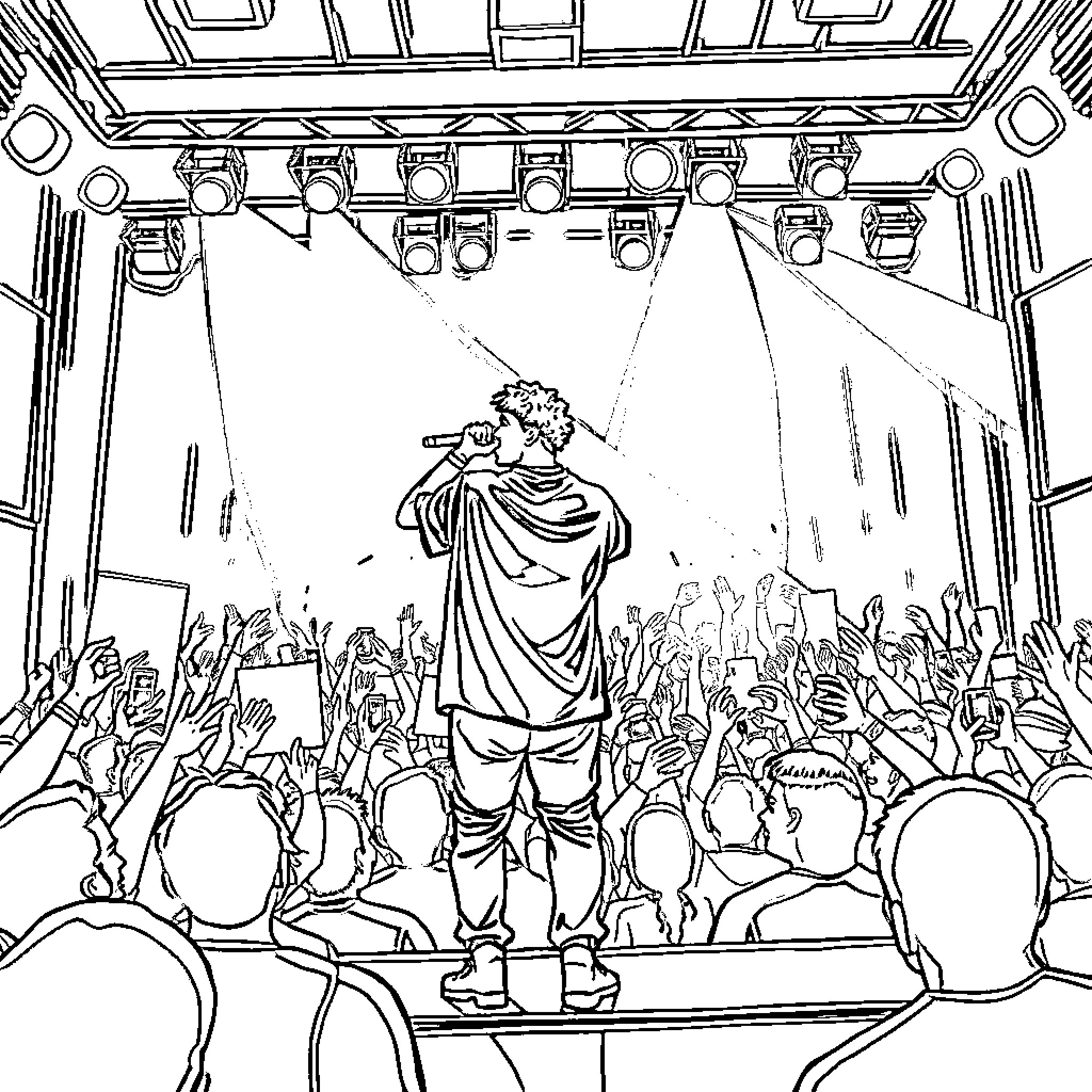 Juice World Artist Performing on Stage Coloring Page (free black-and-white line drawing printable PDF for all, from beginners to advanced learners, including children, teens, adults, and seniors)