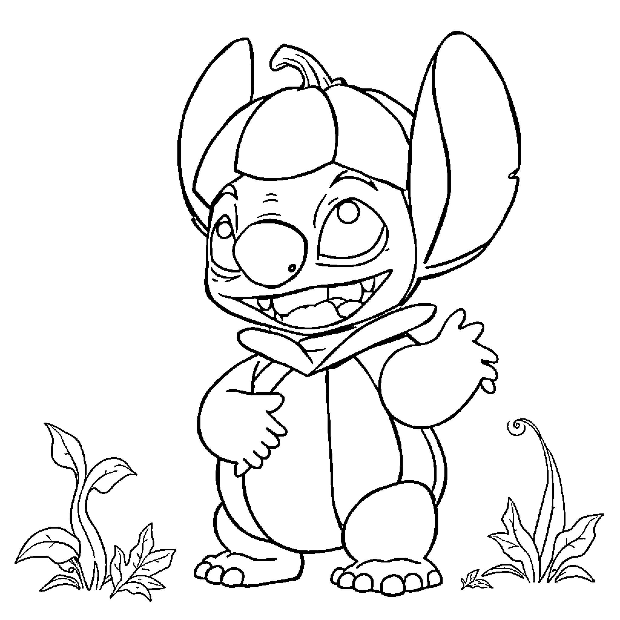 Stitch smiling happily in the garden Coloring Page (free black-and-white line drawing printable PDF for all, from beginners to advanced learners, including children, teens, adults, and seniors)