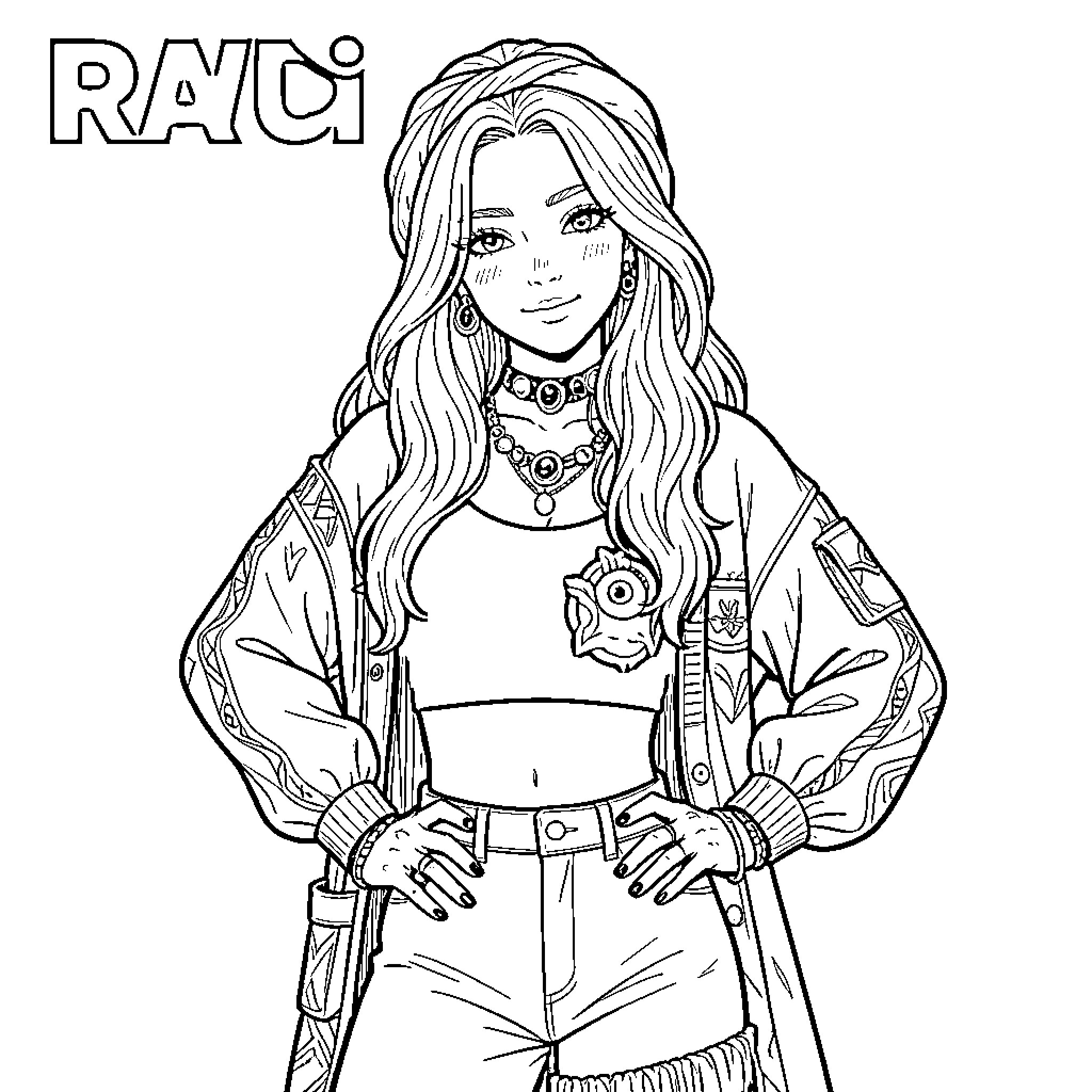 Rumi posing confidently in stylish bohemian outfit Coloring Page (free black-and-white line drawing printable PDF for all, from beginners to advanced learners, including children, teens, adults, and seniors)