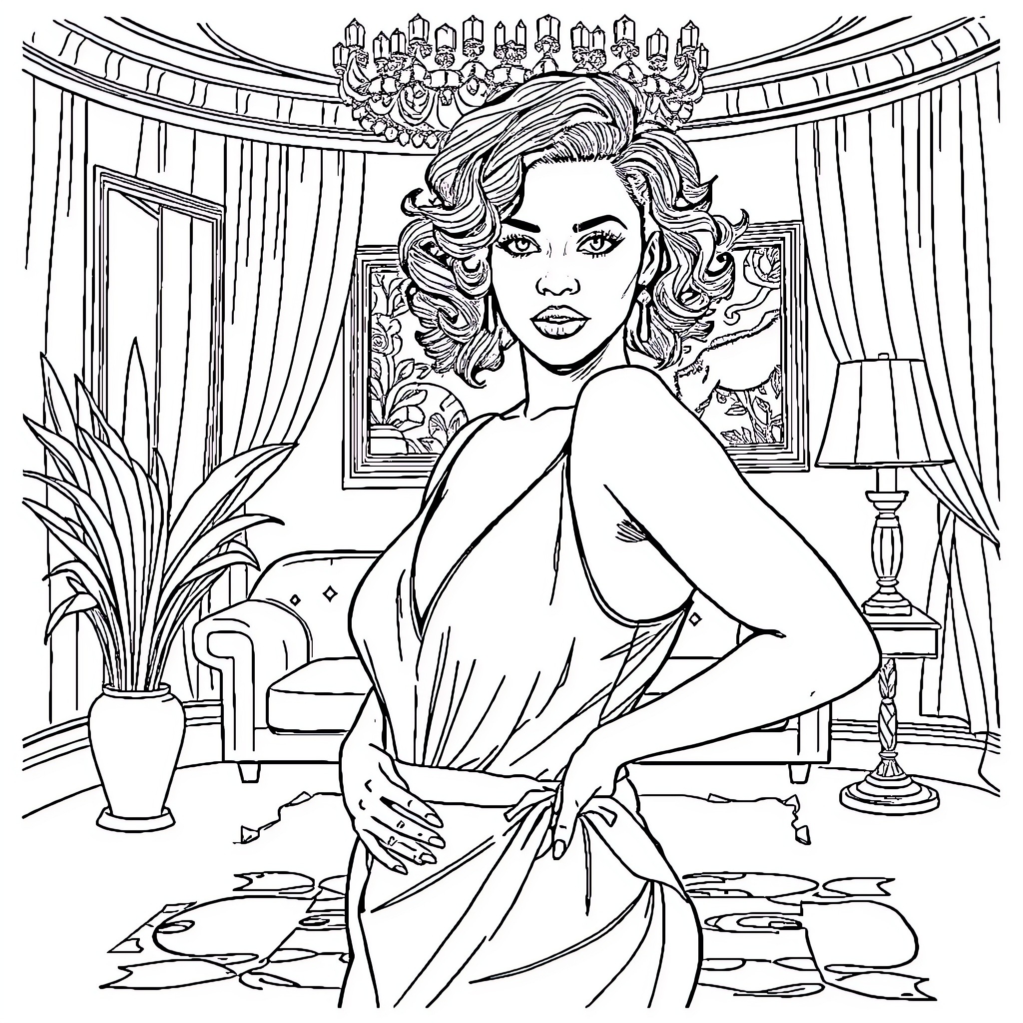 Halle Berry in a Glamorous Pose Coloring Page (free black-and-white line drawing printable PDF for all, from beginners to advanced learners, including children, teens, adults, and seniors)