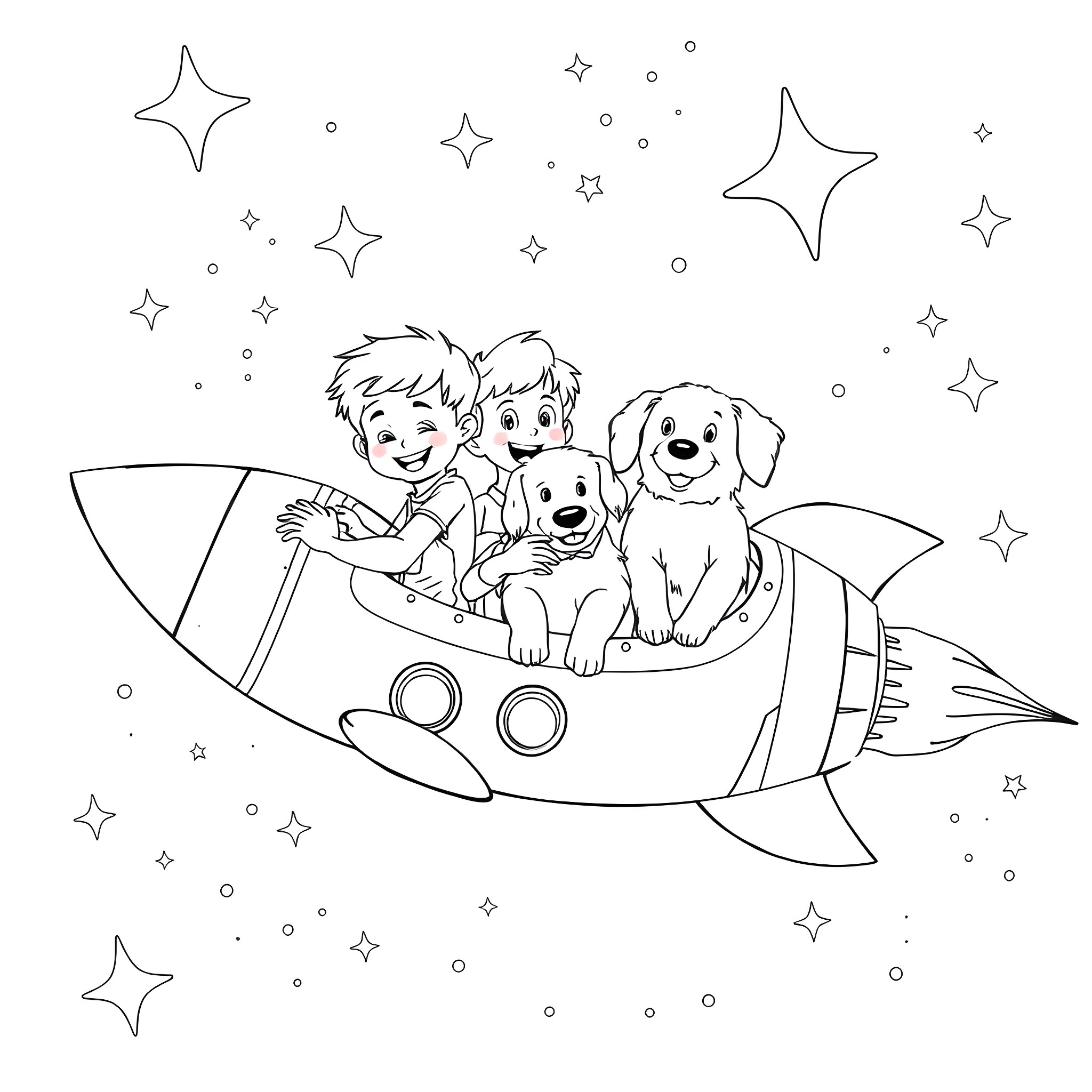 Rocket Ship Adventure with Friends Coloring Page (free black-and-white line drawing printable PDF for all, from beginners to advanced learners, including children, teens, adults, and seniors)
