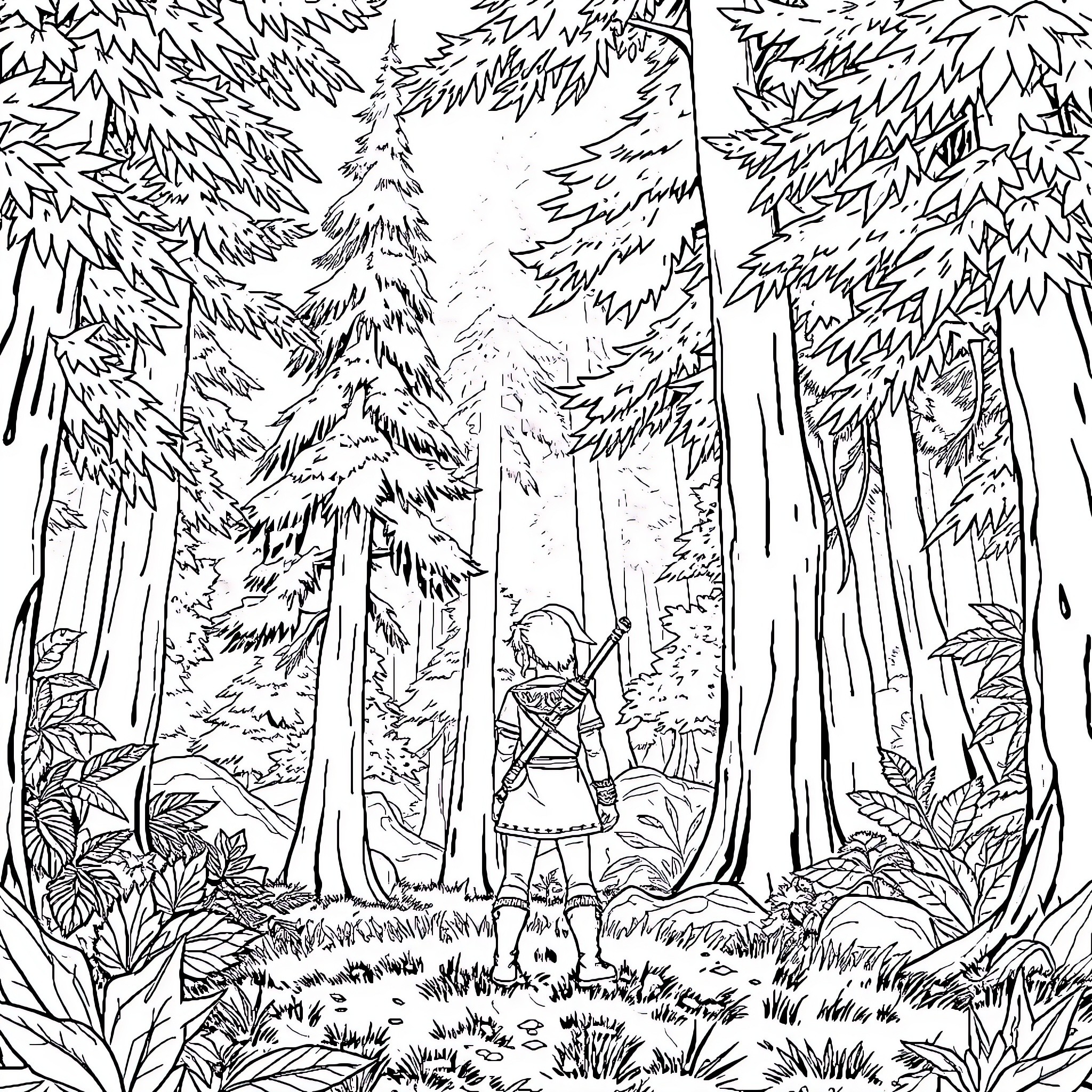 Zelda exploring the enchanted forest Coloring Page (free black-and-white line drawing printable PDF for all, from beginners to advanced learners, including children, teens, adults, and seniors)