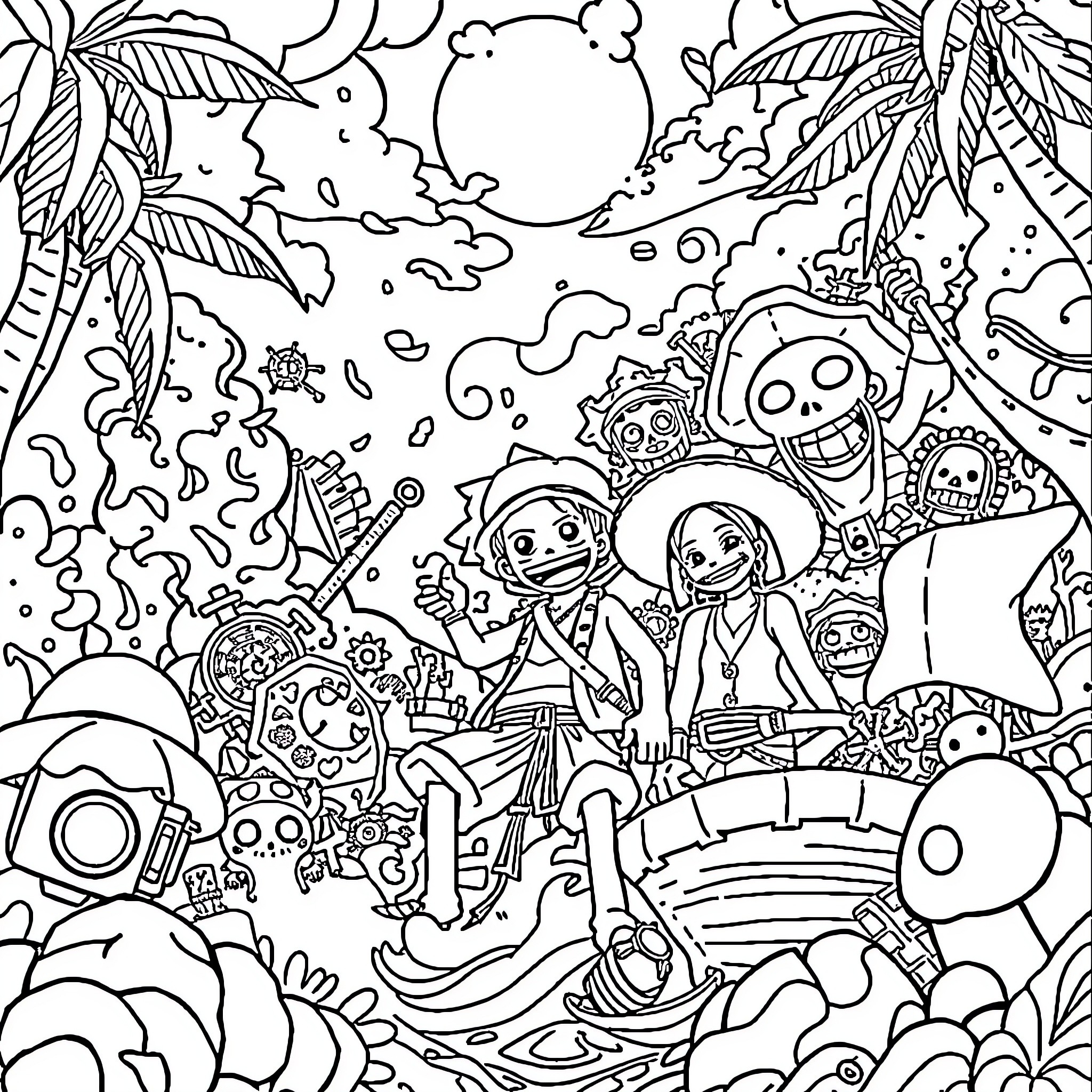 One Piece Adventure in the Tropical Wonderland Coloring Page (free black-and-white line drawing printable PDF for all, from beginners to advanced learners, including children, teens, adults, and seniors)