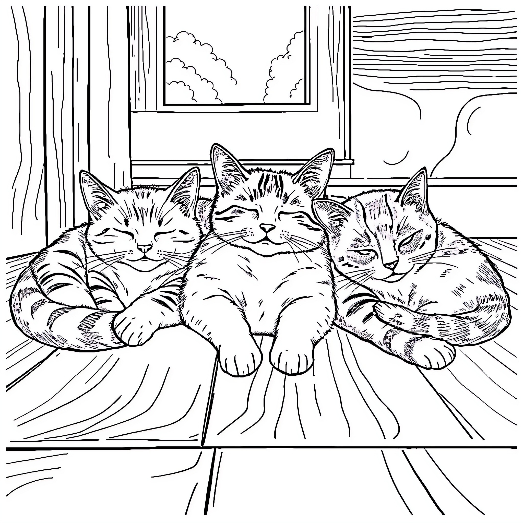 Cats napping peacefully by the window Coloring Page (free black-and-white line drawing printable PDF for all, from beginners to advanced learners, including children, teens, adults, and seniors)