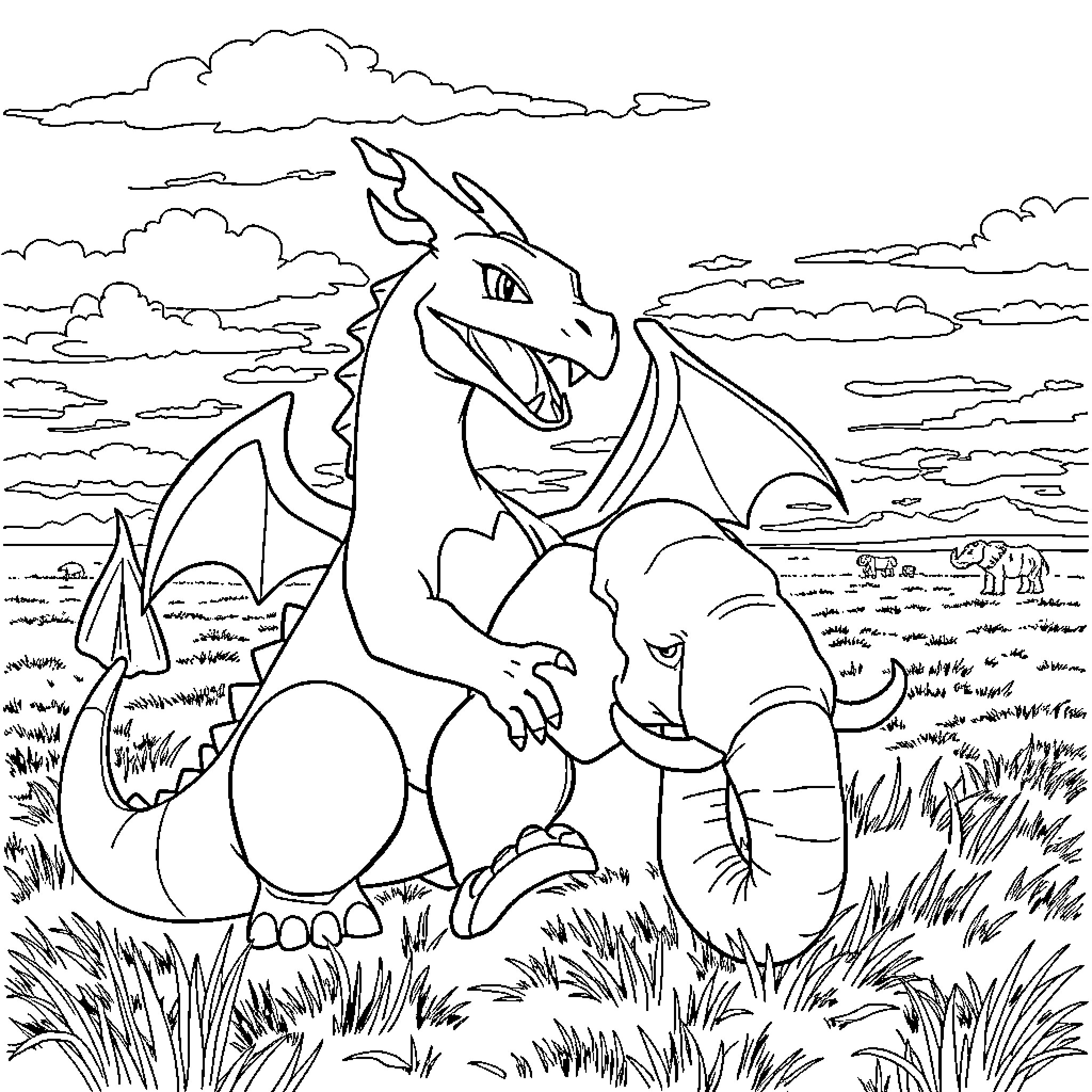 Charizard flying in a cloudy sky Coloring Page (free black-and-white line drawing printable PDF for all, from beginners to advanced learners, including children, teens, adults, and seniors)