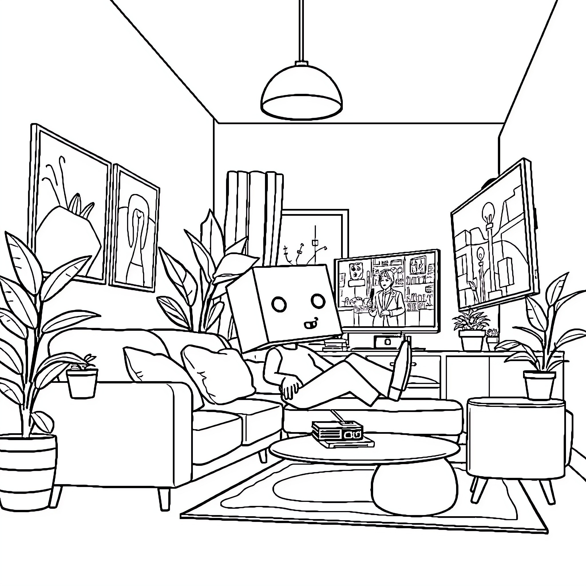 Box-Headed Character Relaxing in Cozy Living Room Coloring Page (free black-and-white line drawing printable PDF for all, from beginners to advanced learners, including children, teens, adults, and seniors)
