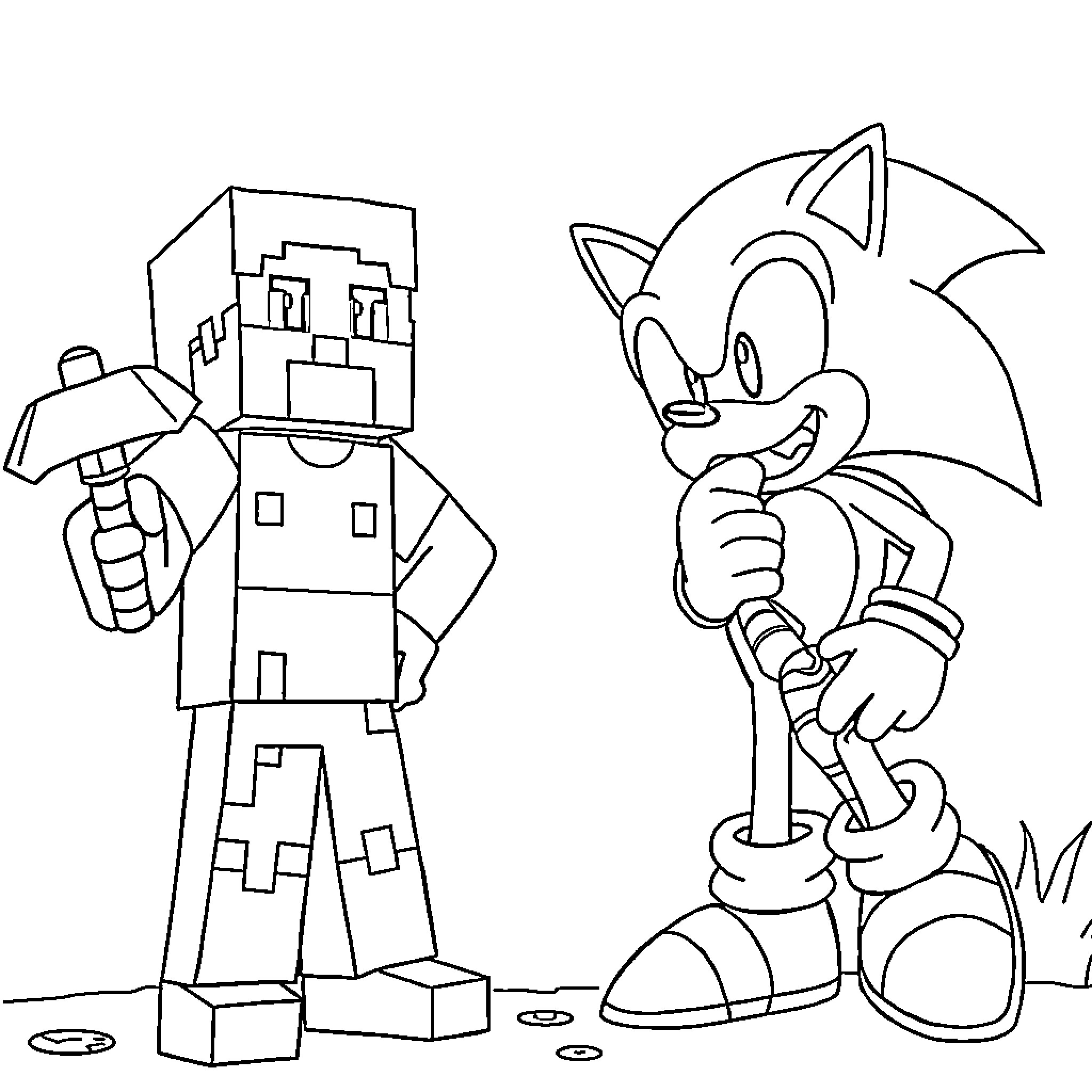 Steve's Minecraft Adventure with Sonic the Hedgehog Coloring Page (free black-and-white line drawing printable PDF for all, from beginners to advanced learners, including children, teens, adults, and seniors)