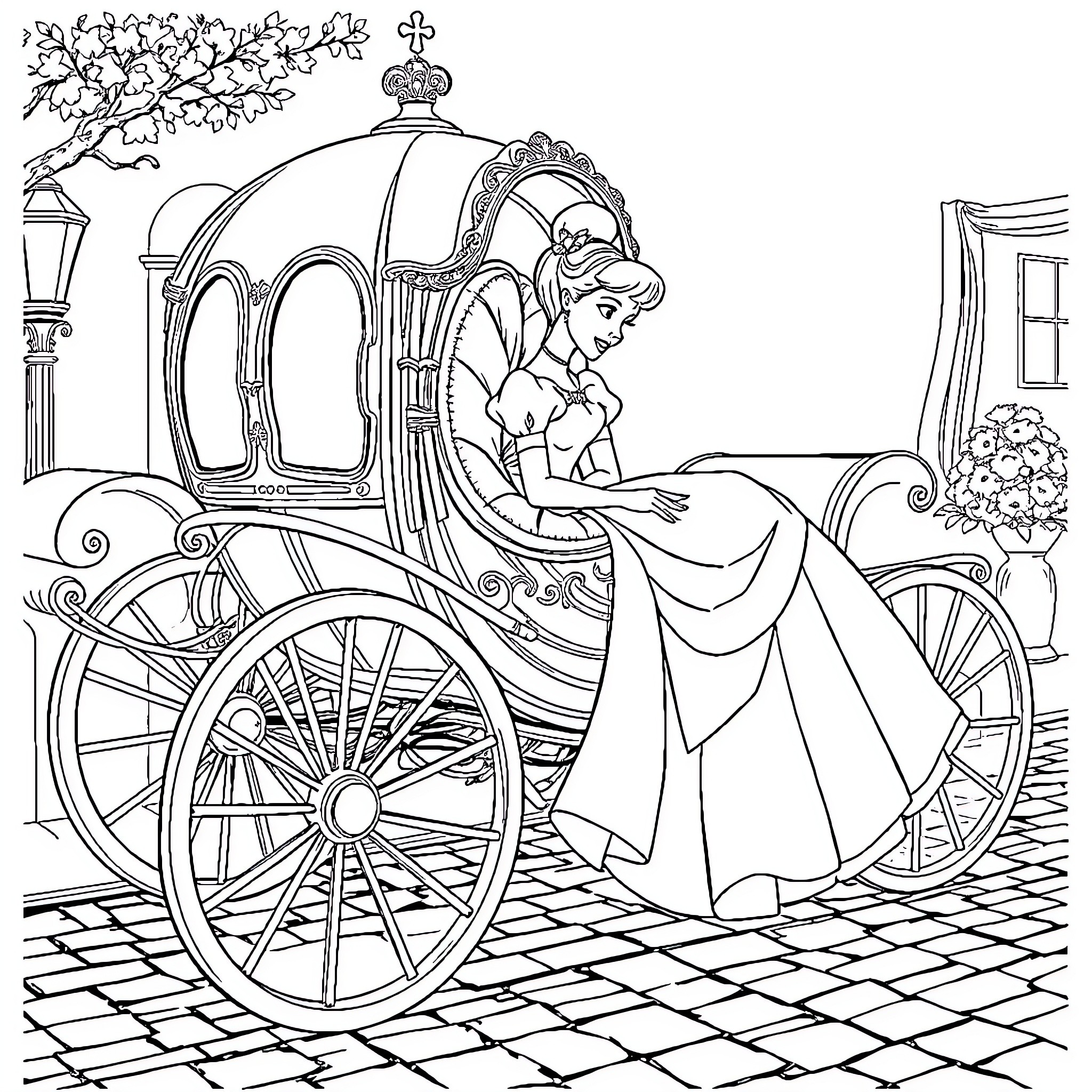 Cinderella's Enchanted Carriage Ride Coloring Page (free black-and-white line drawing printable PDF for all, from beginners to advanced learners, including children, teens, adults, and seniors)