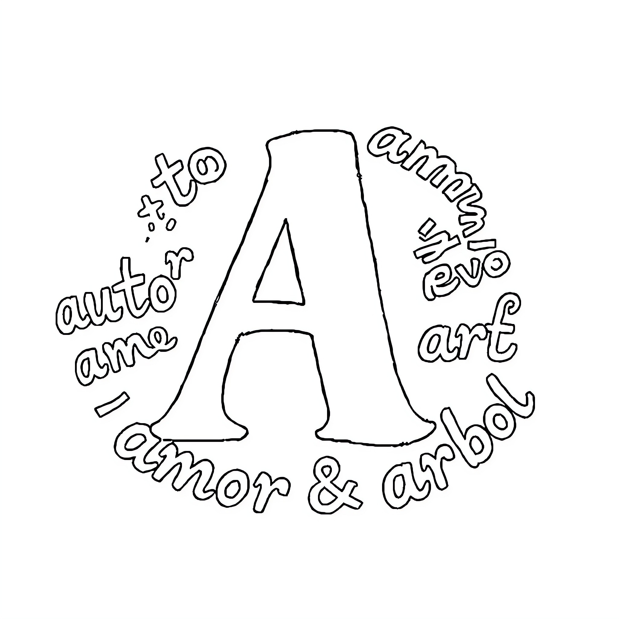 Letter A with Auto and amor words Coloring Page (free black-and-white line drawing printable PDF for all, from beginners to advanced learners, including children, teens, adults, and seniors)