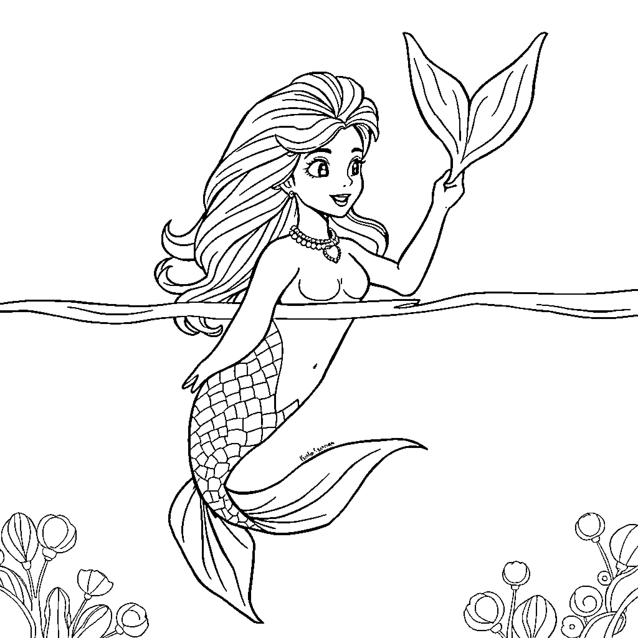 Mermaid swimming gracefully underwater Coloring Page (free black-and-white line drawing printable PDF for all, from beginners to advanced learners, including children, teens, adults, and seniors)