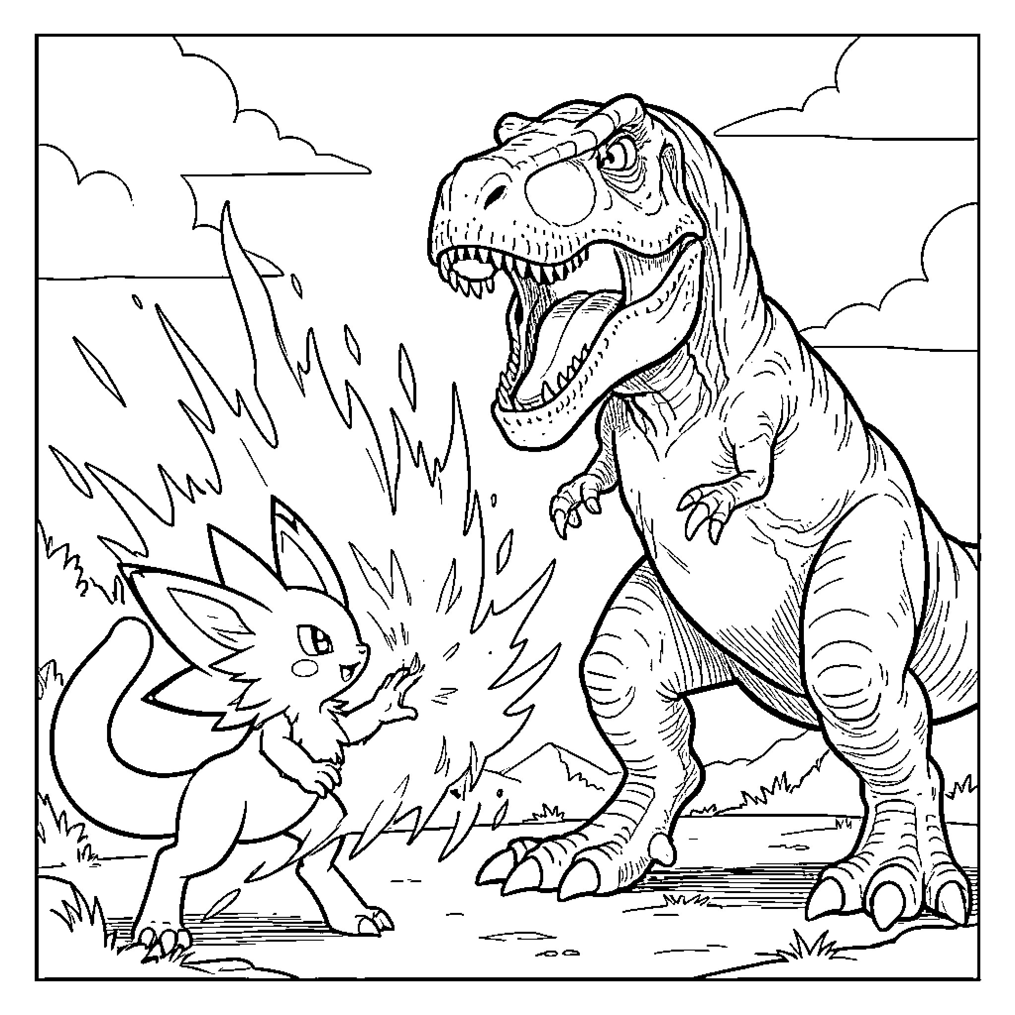 Dracaufeu facing off against a large Tyrannosaurus Rex Coloring Page (free black-and-white line drawing printable PDF for all, from beginners to advanced learners, including children, teens, adults, and seniors)