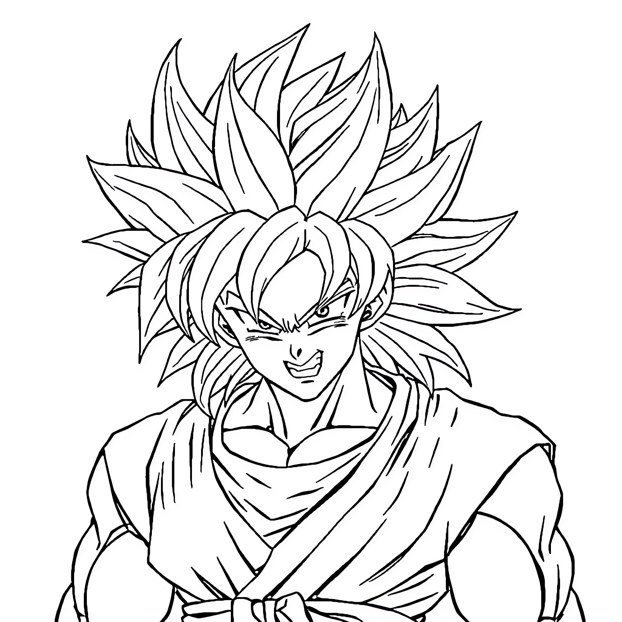 Goku's Fierce Determination and Transformation Coloring Page (free black-and-white line drawing printable PDF for all, from beginners to advanced learners, including children, teens, adults, and seniors)