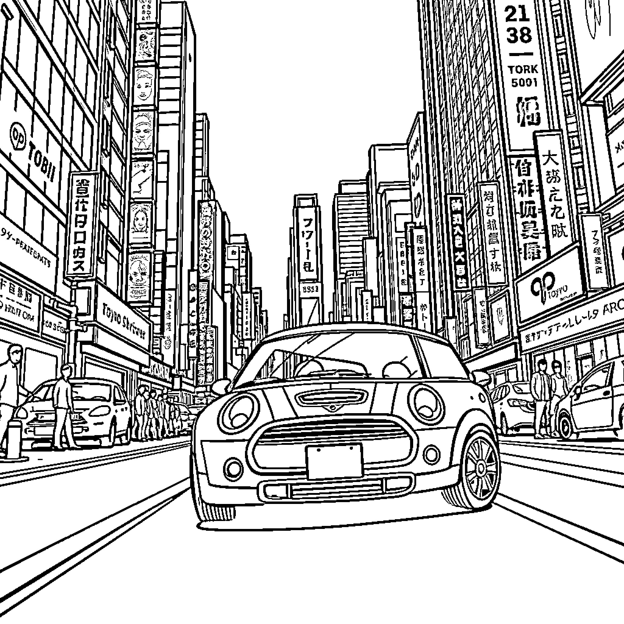 Mini Cooper in Busy City Street Scene Coloring Page (free black-and-white line drawing printable PDF for all, from beginners to advanced learners, including children, teens, adults, and seniors)