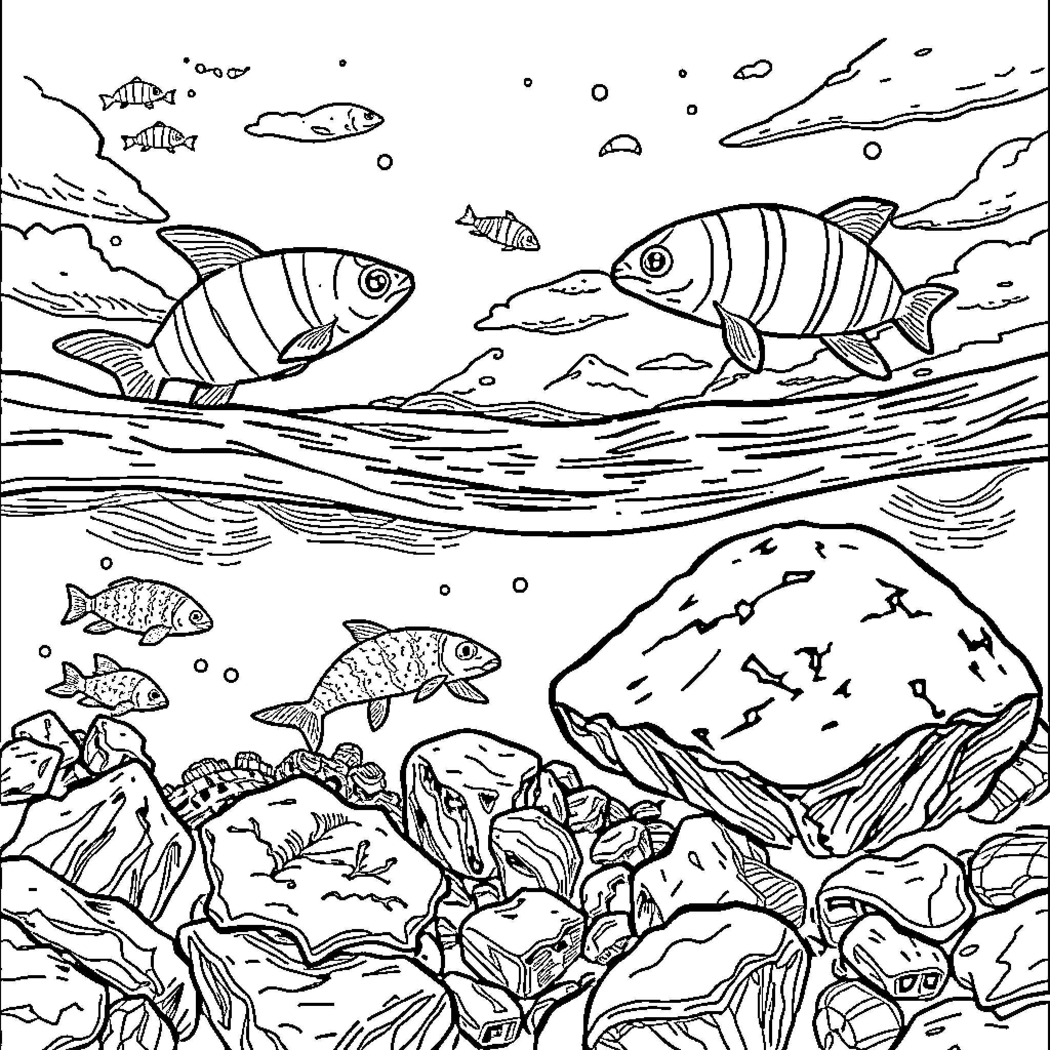 Ammonite fish swimming in the underwater seascape Coloring Page (free black-and-white line drawing printable PDF for all, from beginners to advanced learners, including children, teens, adults, and seniors)