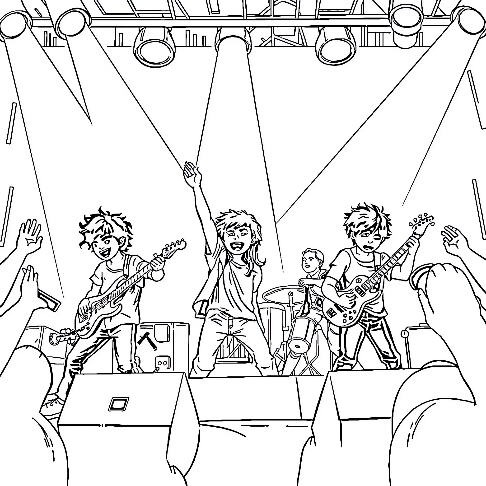 Stray Kids Performing on Stage with Energy Coloring Page (free black-and-white line drawing printable PDF for all, from beginners to advanced learners, including children, teens, adults, and seniors)