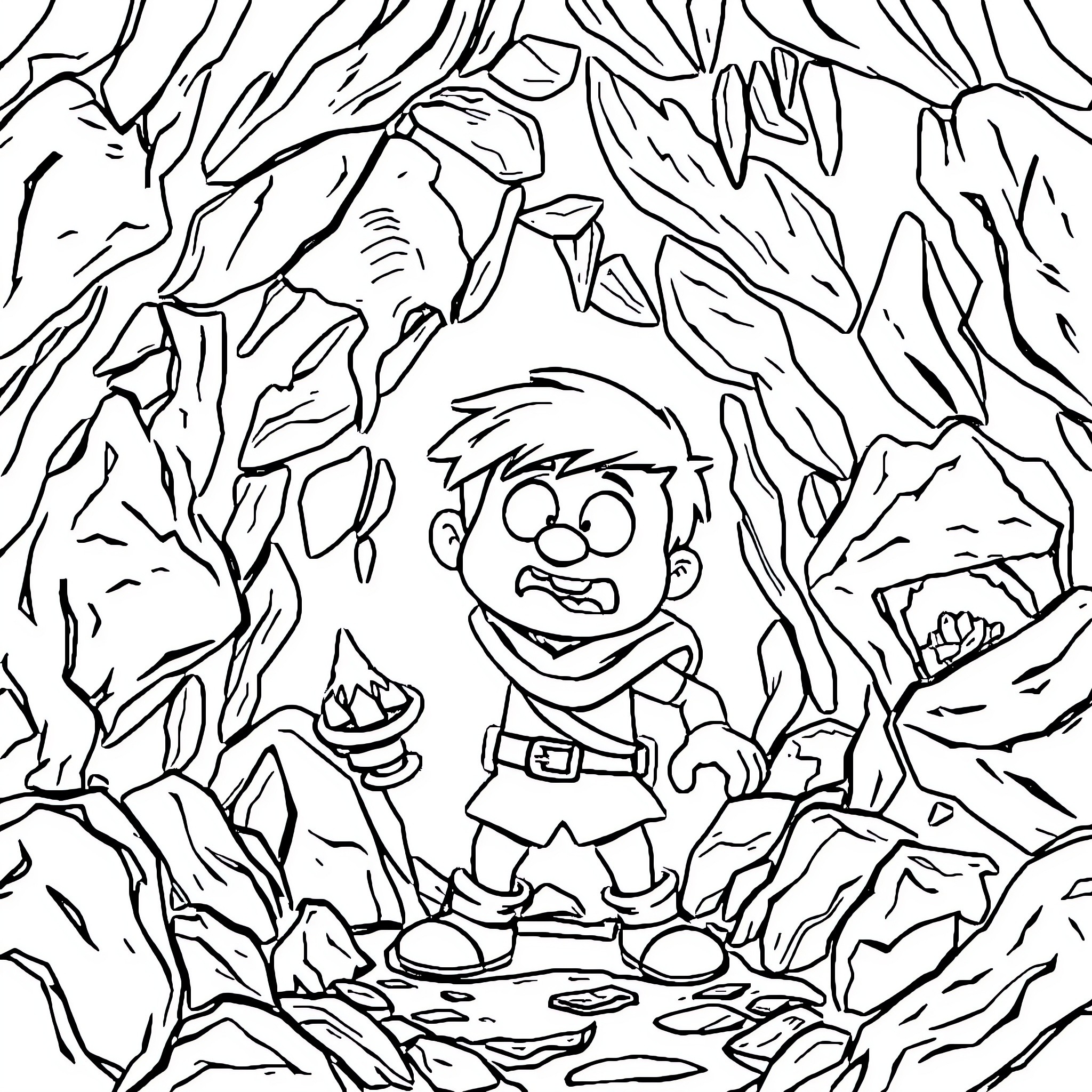 Dungeon Crawler Traversing Treacherous Terrain Coloring Page (free black-and-white line drawing printable PDF for all, from beginners to advanced learners, including children, teens, adults, and seniors)