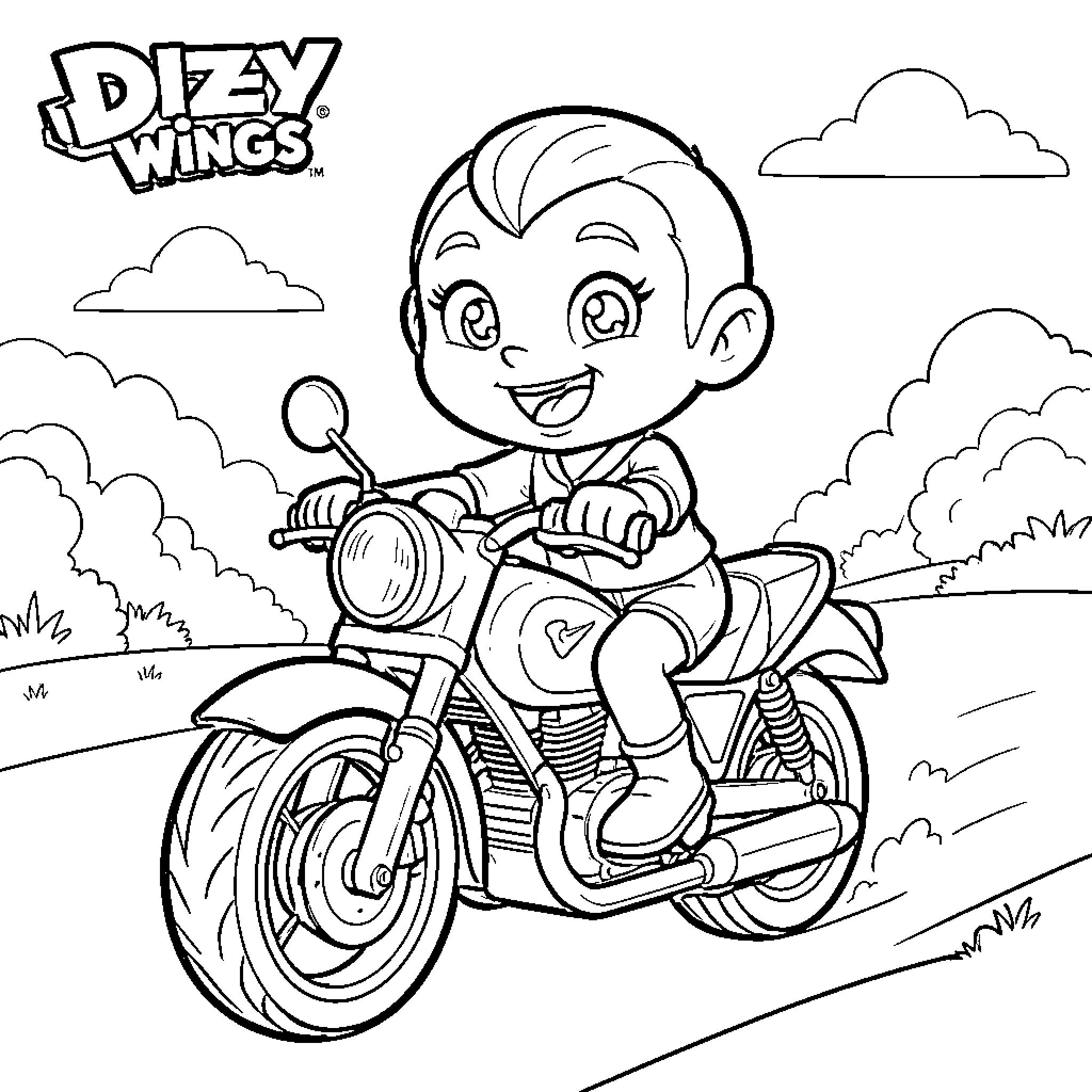 Dizzy character riding a motorcycle with a happy expression Coloring Page (free black-and-white line drawing printable PDF for all, from beginners to advanced learners, including children, teens, adults, and seniors)