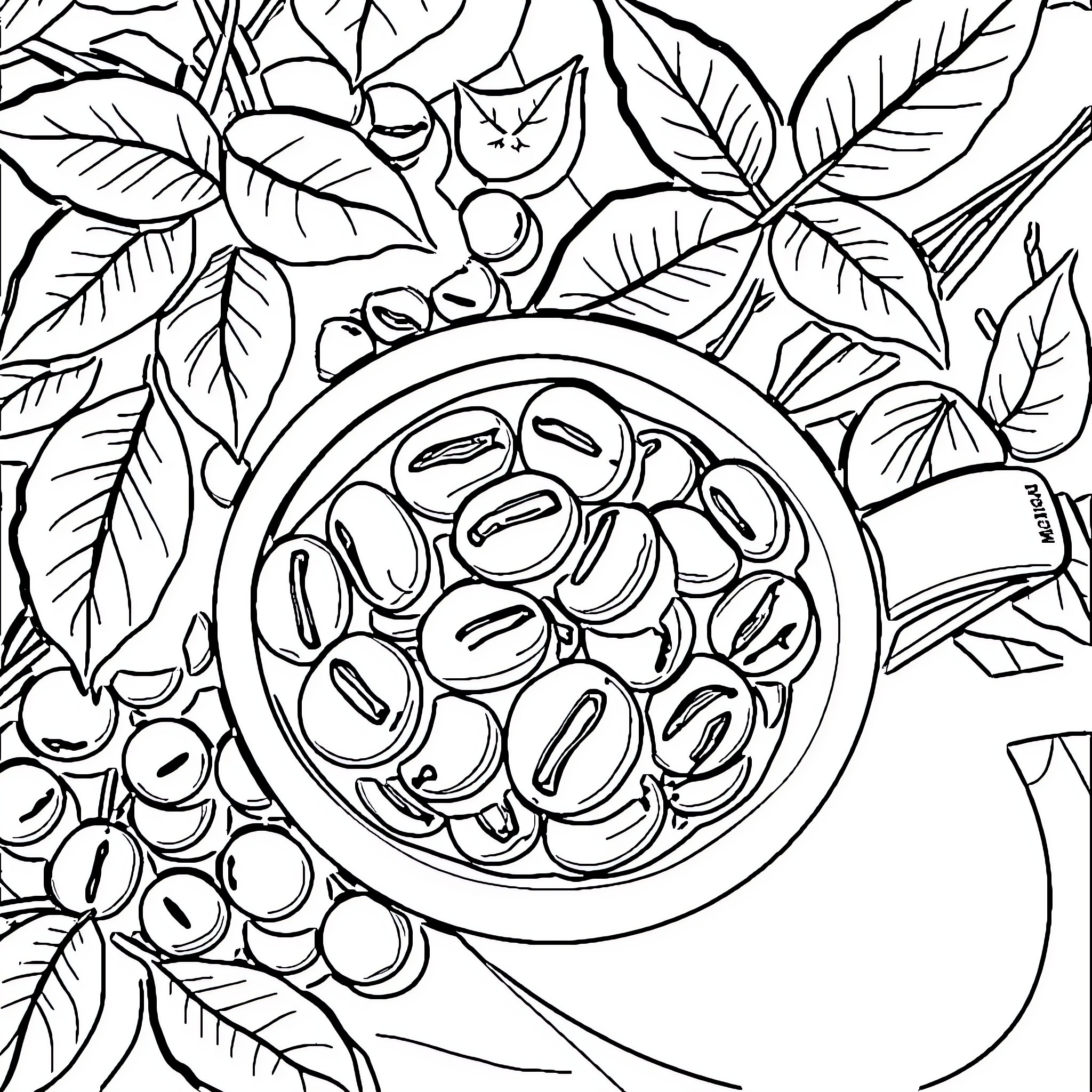 Coffee Bean Harvest in Tropical Foliage Coloring Page (free black-and-white line drawing printable PDF for all, from beginners to advanced learners, including children, teens, adults, and seniors)