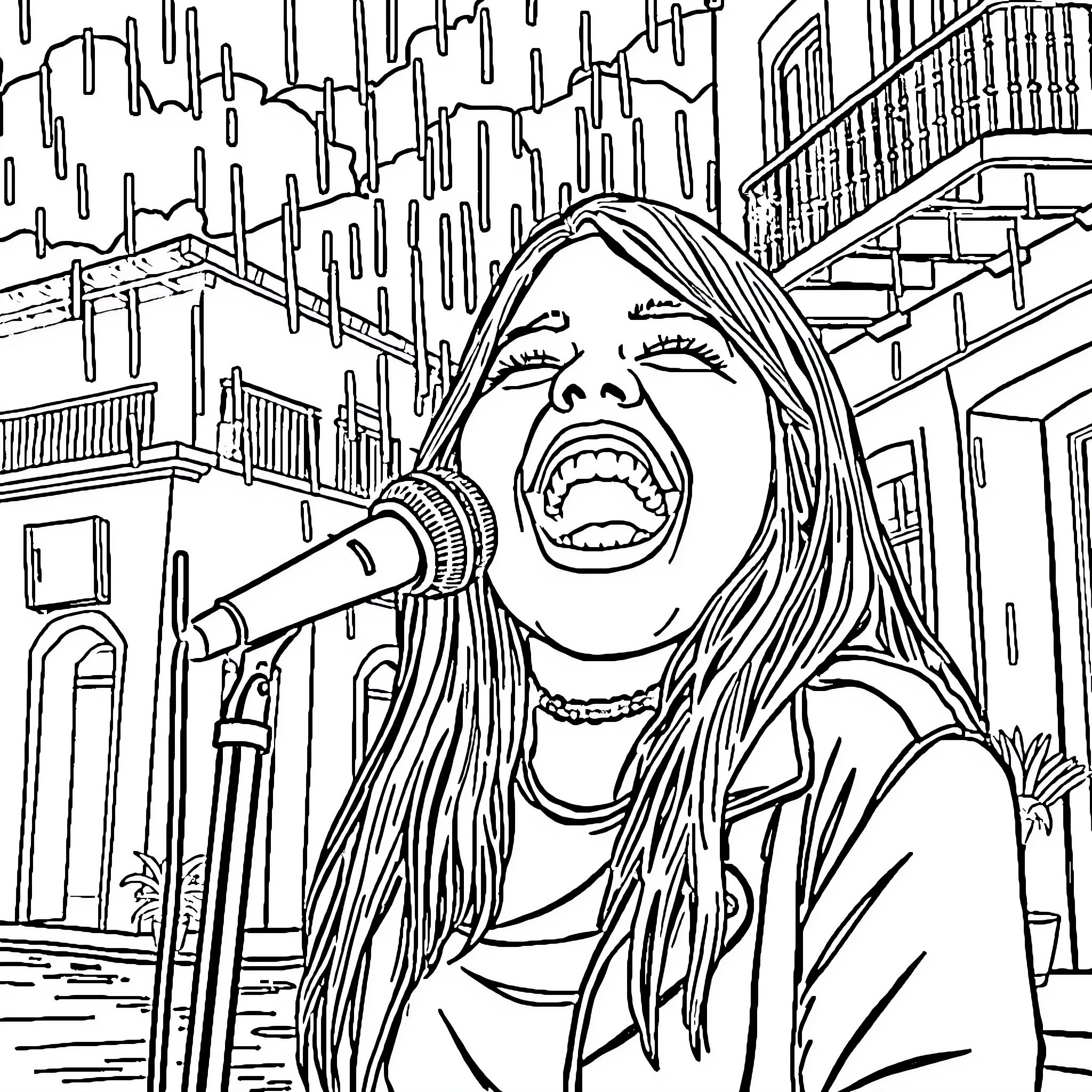 Billie Eilish performing on stage with a microphone Coloring Page (free black-and-white line drawing printable PDF for all, from beginners to advanced learners, including children, teens, adults, and seniors)