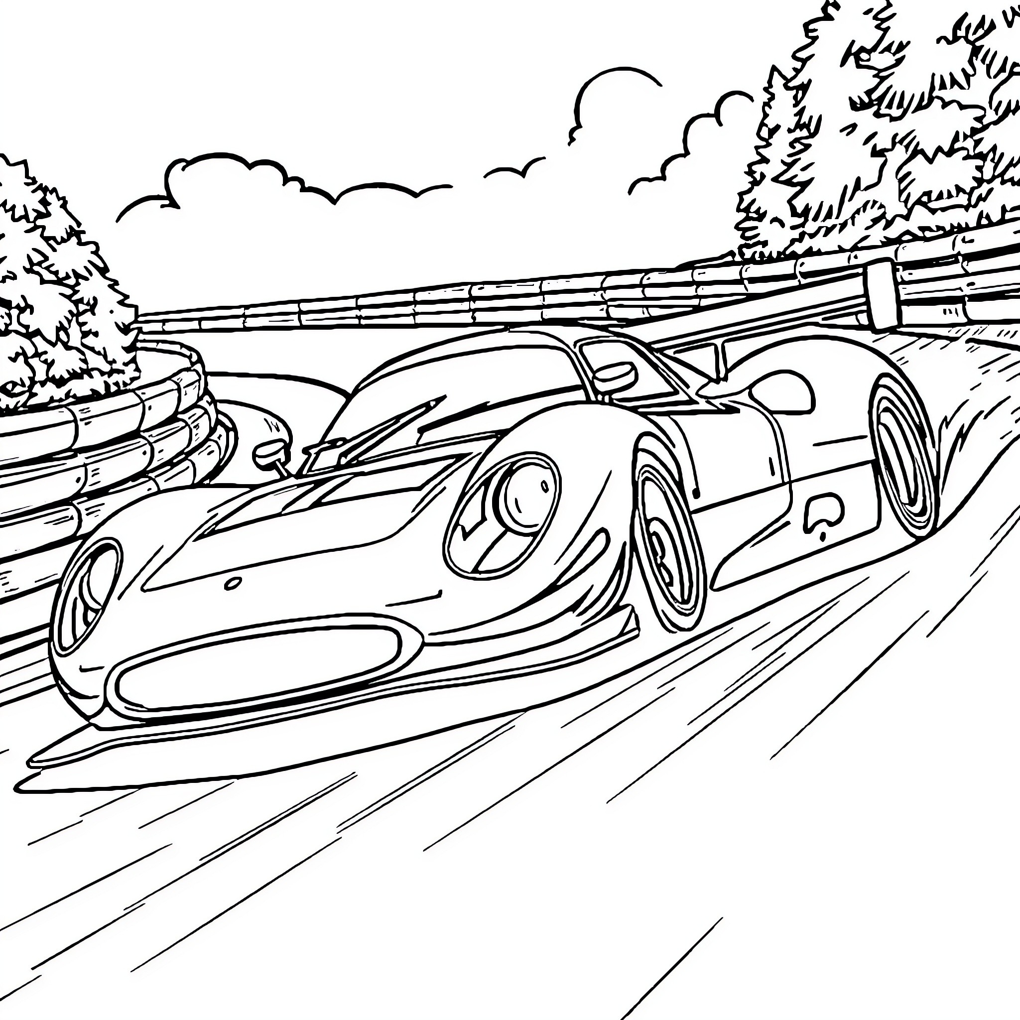Race Car Speeding on Winding Mountain Road Coloring Page (free black-and-white line drawing printable PDF for all, from beginners to advanced learners, including children, teens, adults, and seniors)