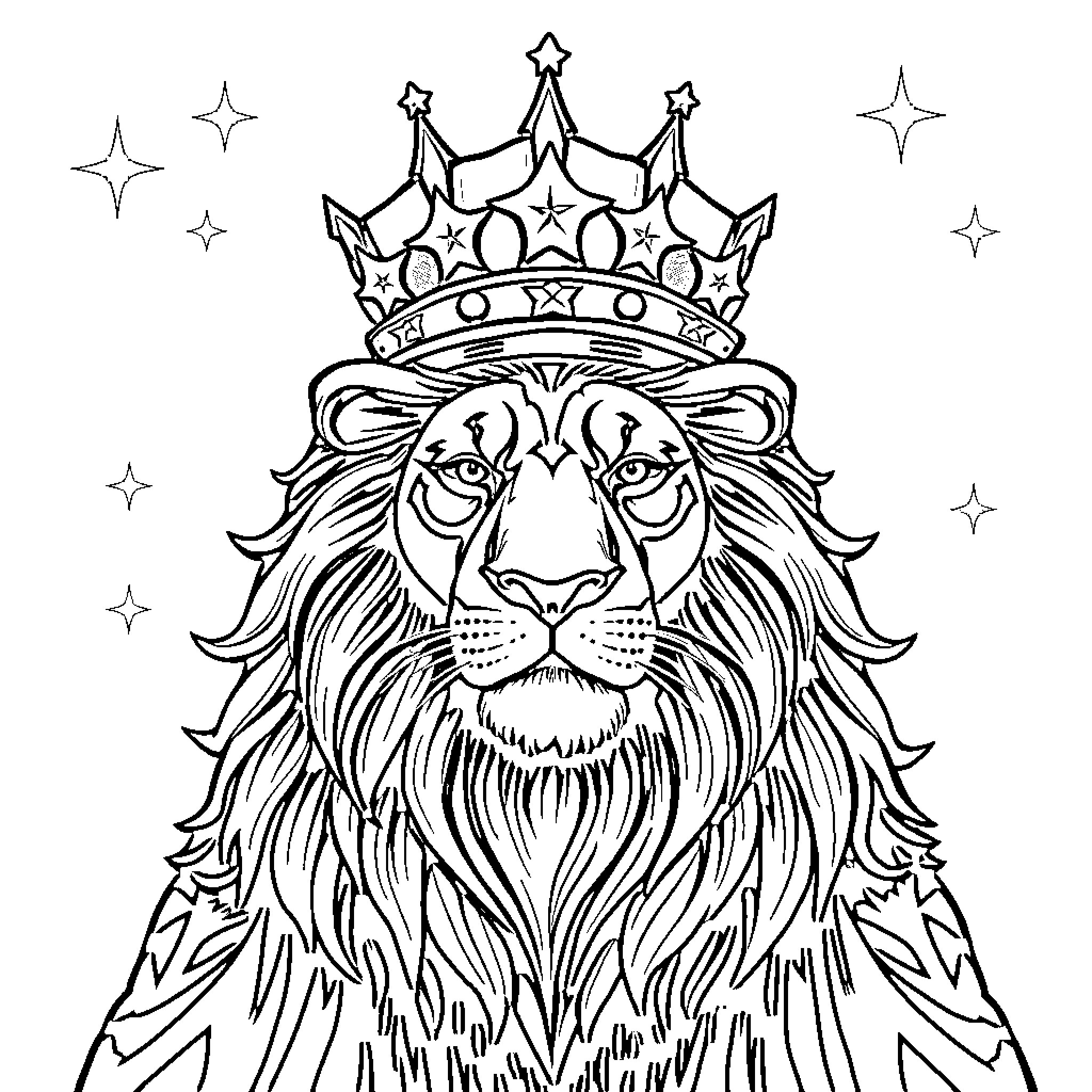 Lion with Majestic Crown and Sparkling Stars Coloring Page (free black-and-white line drawing printable PDF for all, from beginners to advanced learners, including children, teens, adults, and seniors)